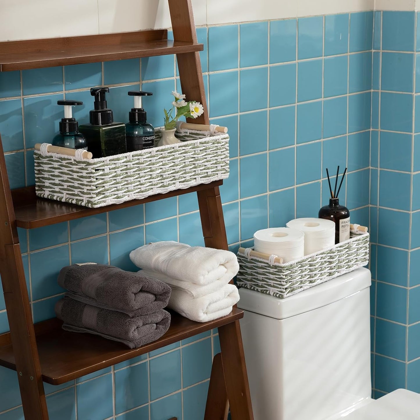 OIAHOMY Toilet Paper Baskets Handmade Paper Rope Decorative Wicker Storage Tank Shelf Cabinet