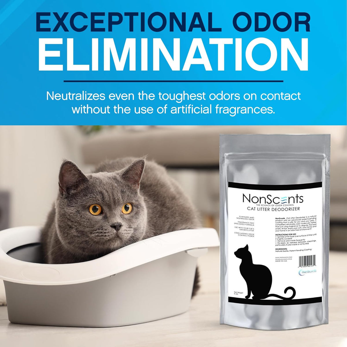 NonScents Cat Litter Deodorizer - Litter Box Odor Eliminator - Less Scooping Extends Kitty Litter