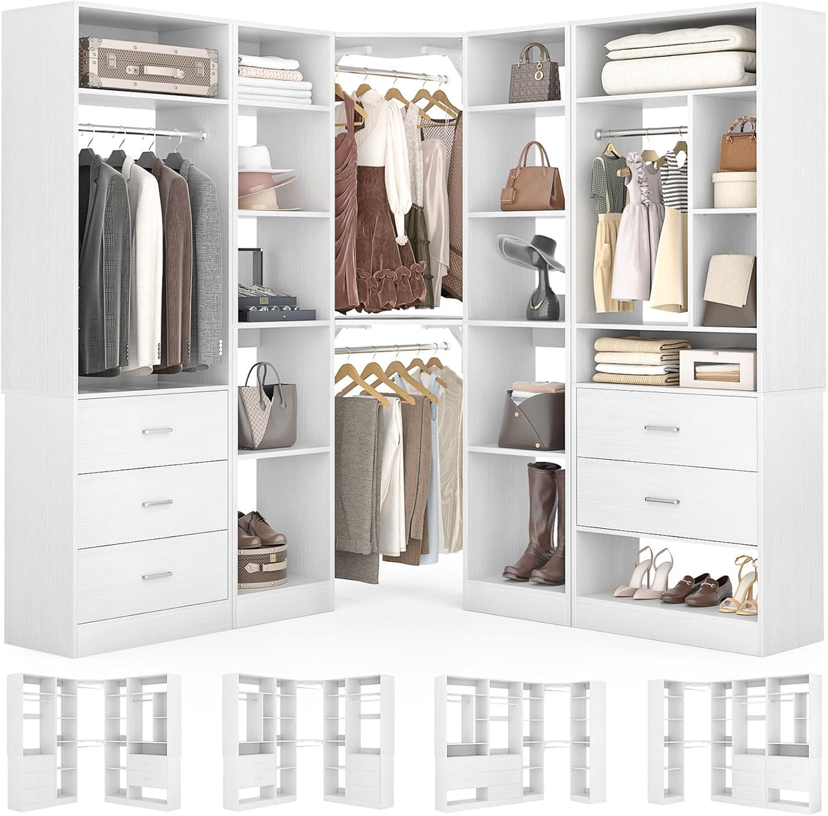 Corner Closet System with 5 Drawers, Closet Organizer System with 15+Shelvess & 4 Hanging Rods