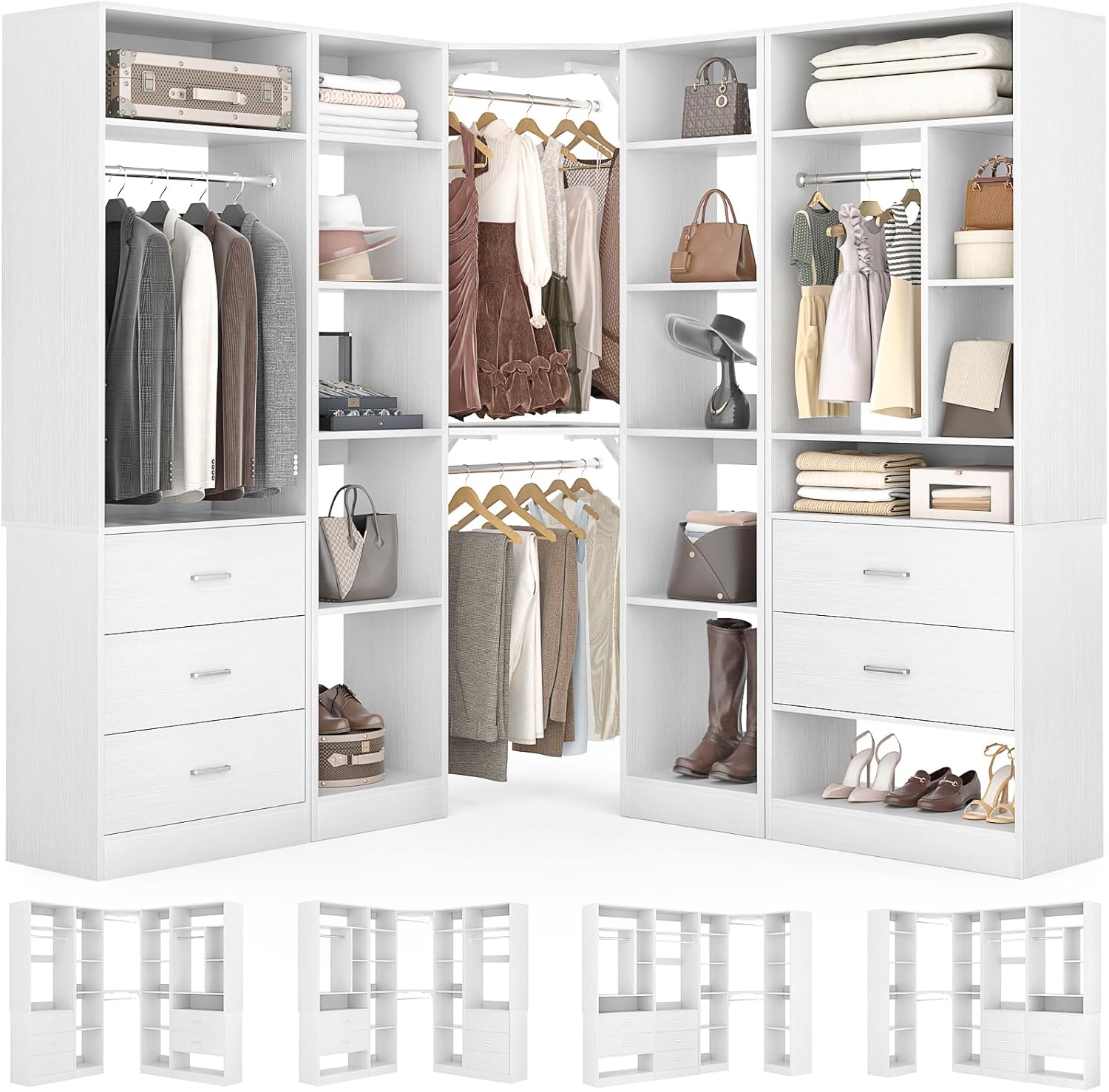Corner Closet System with 5 Drawers, Closet Organizer System with 15+Shelvess & 4 Hanging Rods