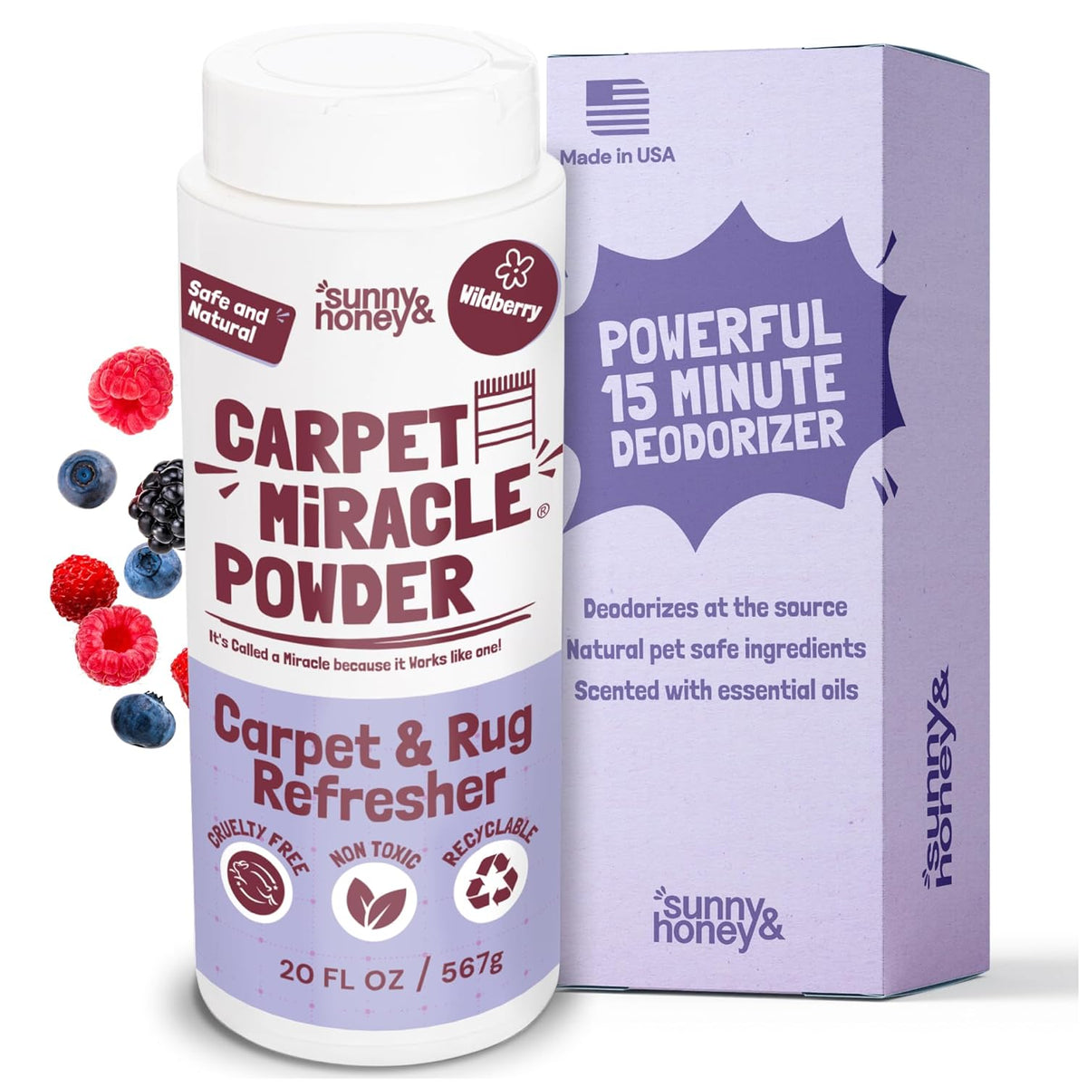 Sunny & Honey Carpet Freshener Powder - 20 Oz Pack, Wildberry Scent - Carpet Deodorizer Powder &