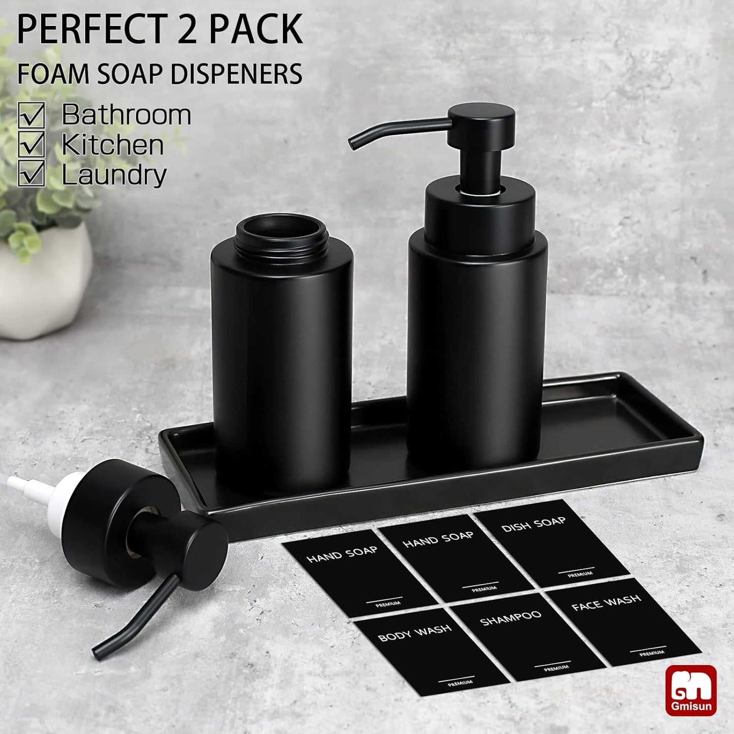 GMISUN Foaming Soap Dispenser, 10 Fl oz/300 ml Matte Black Glass Foaming Hand Soap Dispenser, 2Pcs