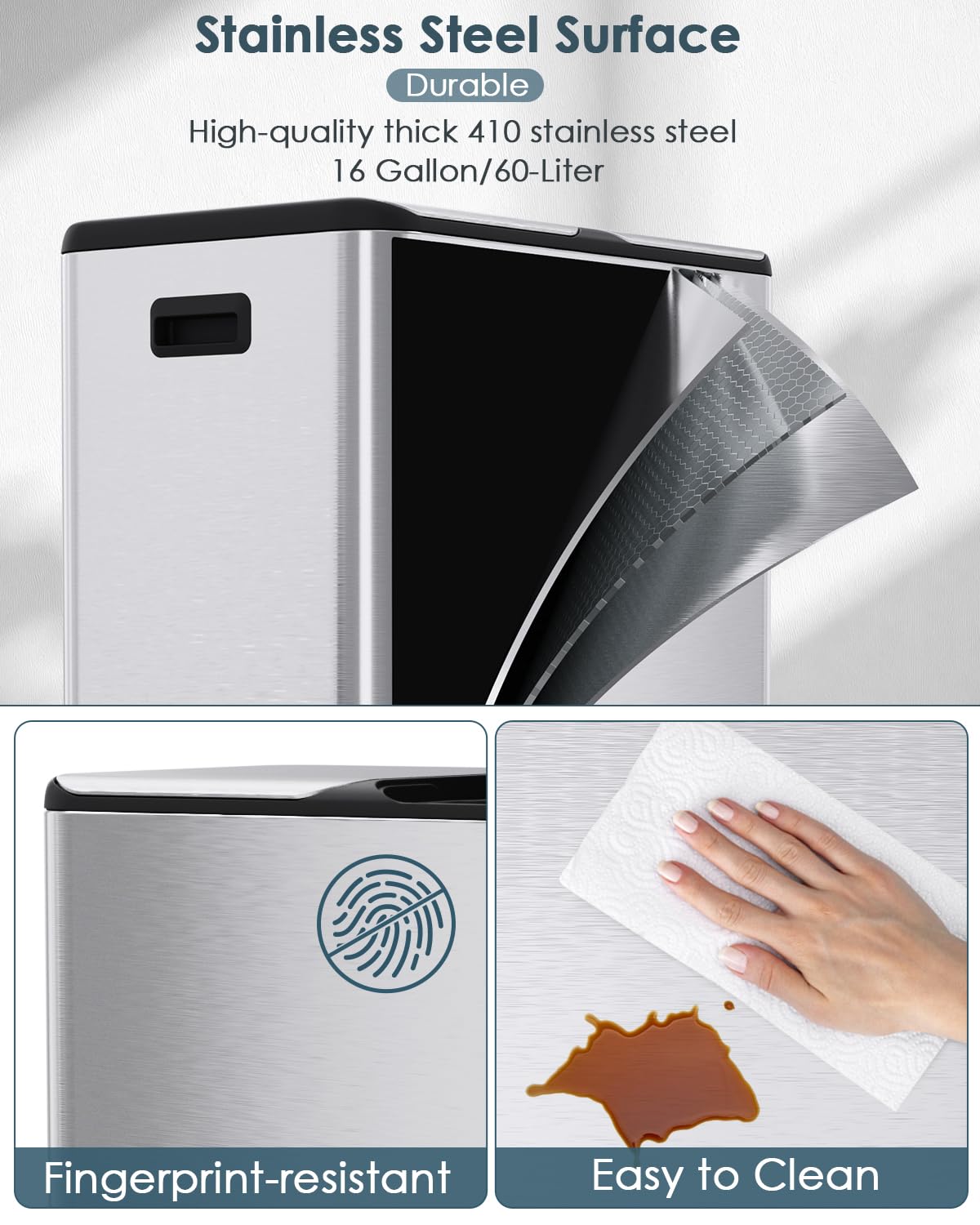 Arlopu 16Gal Dual Trash Can w/2 Built-in Box for Odor Control, Hands-Free Kitchen Garbage Bin