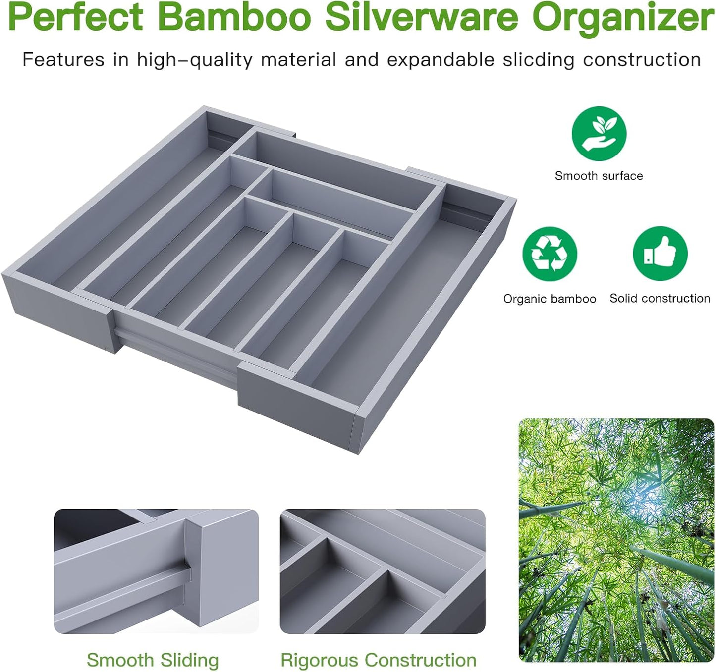 Pipishell Bamboo Expandable Drawer Organizer for Utensils Holder, Adjustable Cutlery Tray, Wood