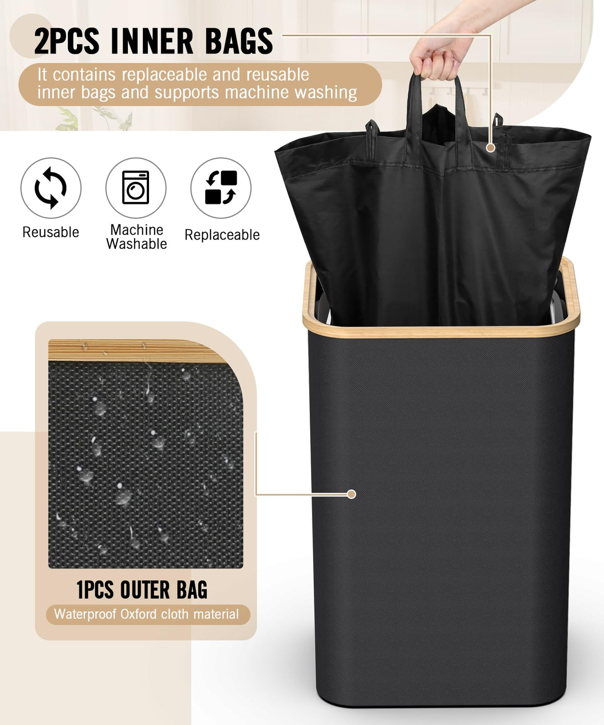 26 Gallon (100L) Recycling Bins for Kitchen with Bamboo lid, Black