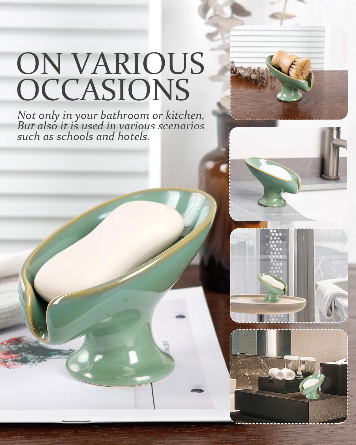Soap Dish, Self Draining Bar Soap Holder for Bathroom Sink, Leaf Shaped Drainage Ceramic Mint Green