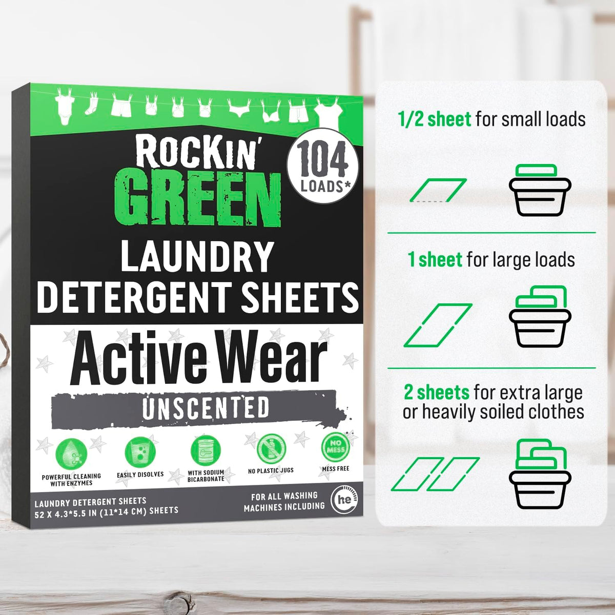 Rockin' Green Active Wear Travel Laundry Detergent Sheets Unscented - Mess-Free Laundry Sheets