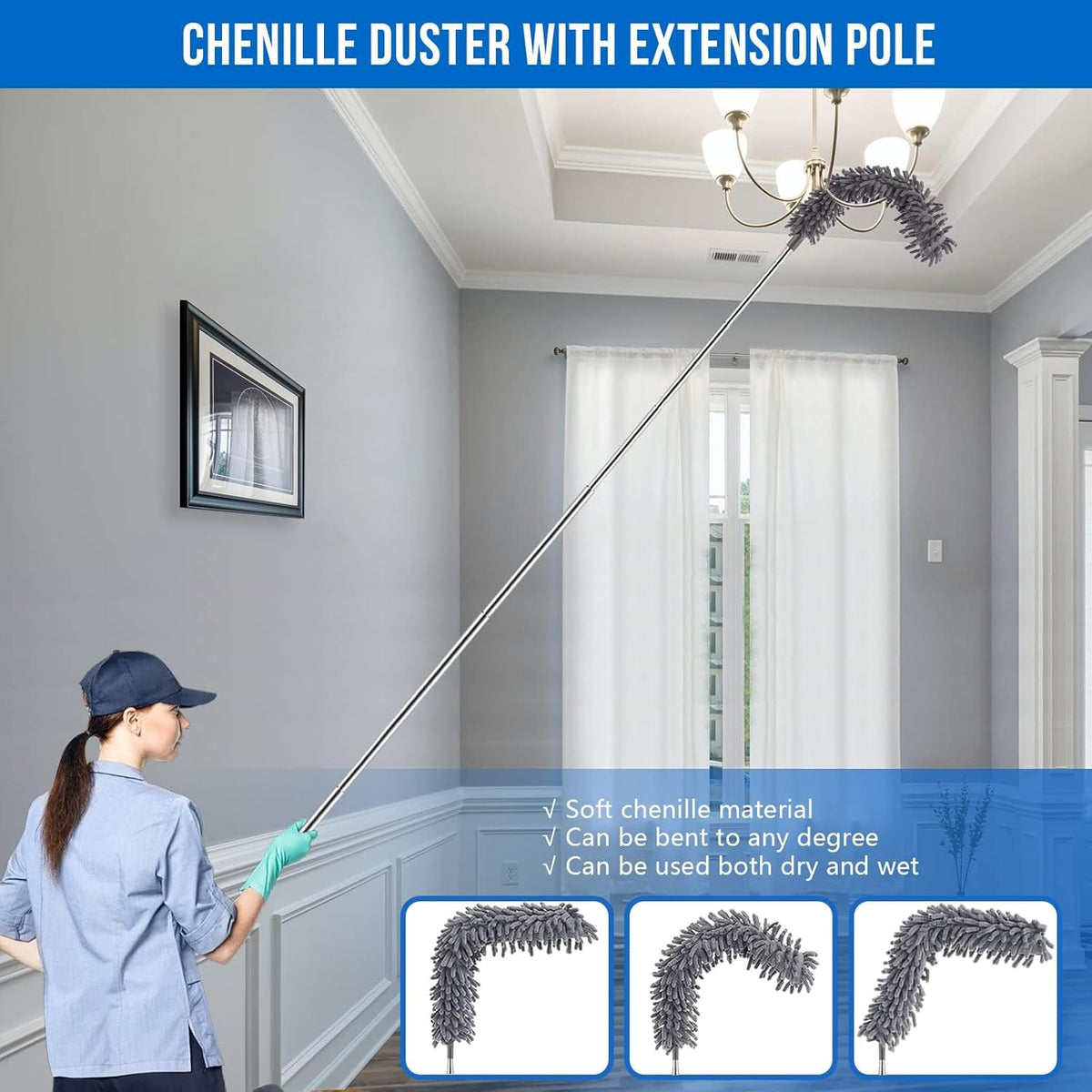 Microfiber Feather Duster 5-in-1 Kit for Dusting and Cleaning – 30–100" Extension Pole, Anti-Slip