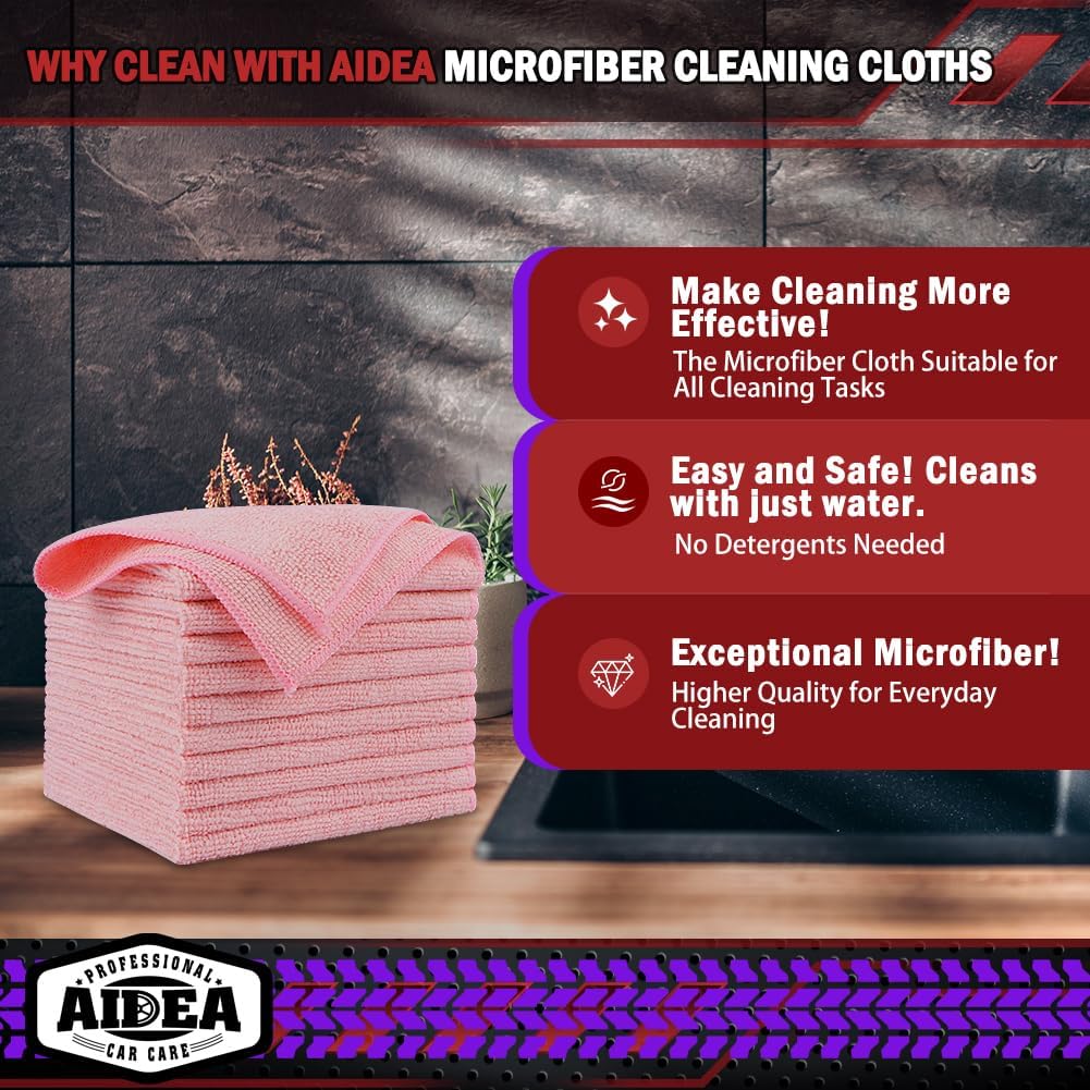 AIDEA Microfiber Cleaning Cloth Pink 10PK, Microfiber Towels for Cars, Premium Car Cloths, Dusting