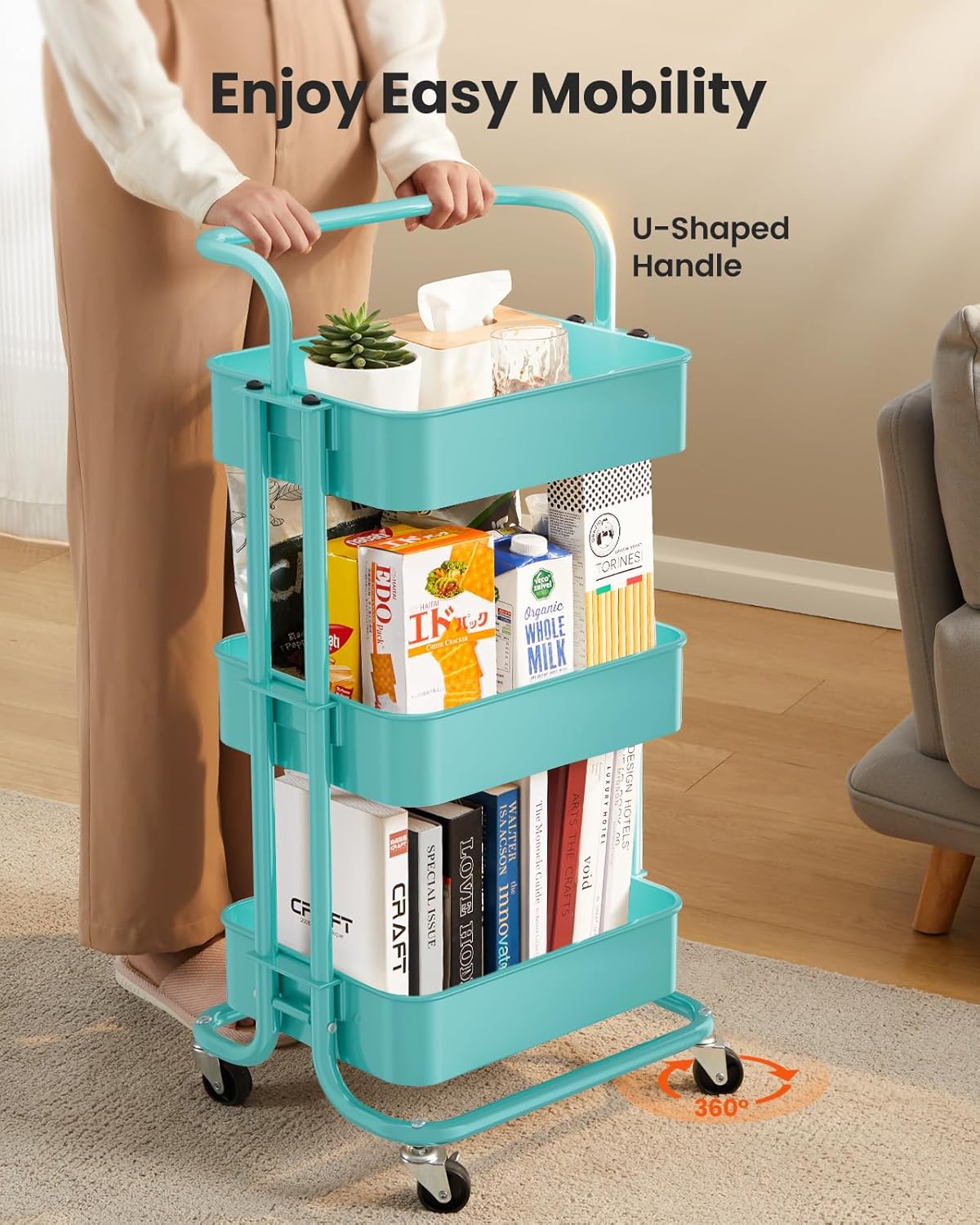 Pipishell 3 Tier Mesh Utility Cart, Rolling Metal Organization Cart with Handle and Lockable