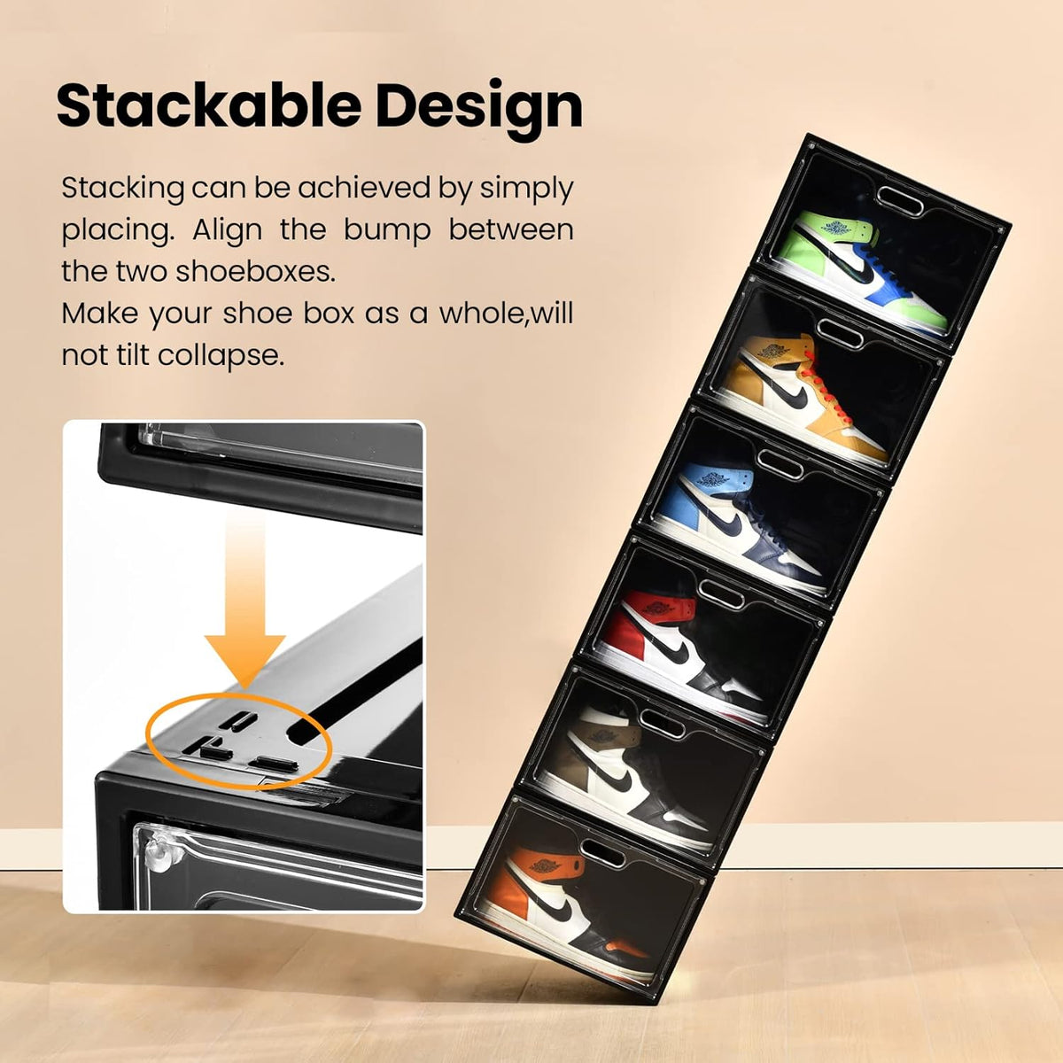 8 Pack Shoe Boxes Black Plastic Stackable, Large Shoe Storage Organizer,Drop Side Front Shoe