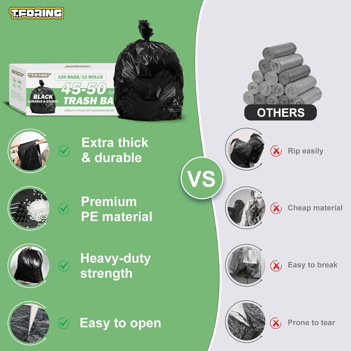 45-50 Gallon Black Trash Bags 120 Count - 38''x47'' Large Garbage Bags Unscented, 40+ Gallon Trash