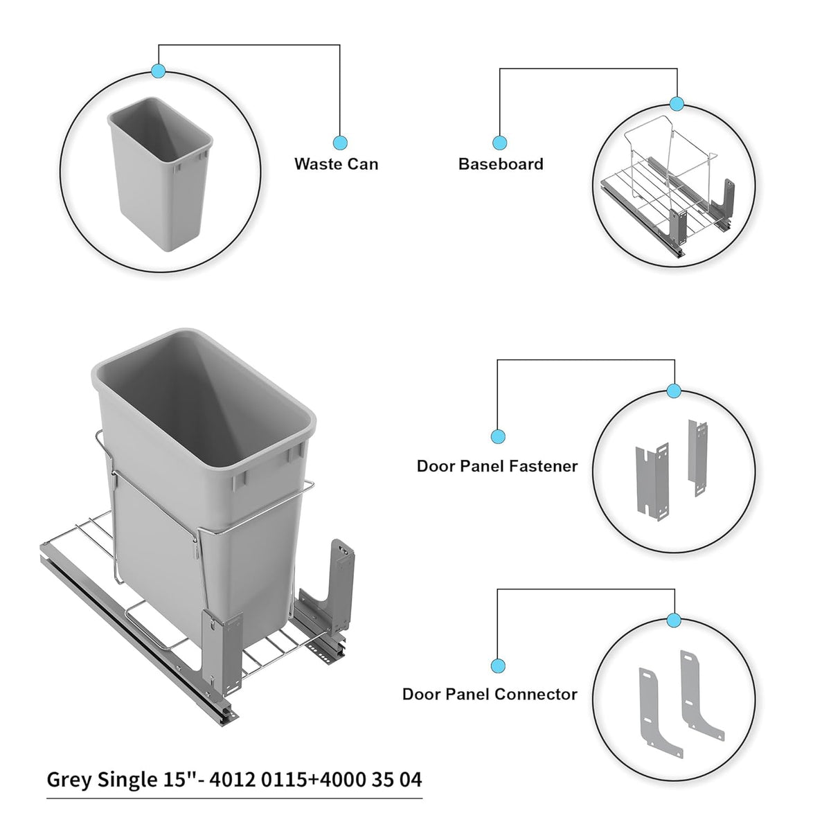 Dowell B15 Aluminum Base Wastebasket Pullout with Door Mount and 50Qt/13Gal Plastic Bin (4012
