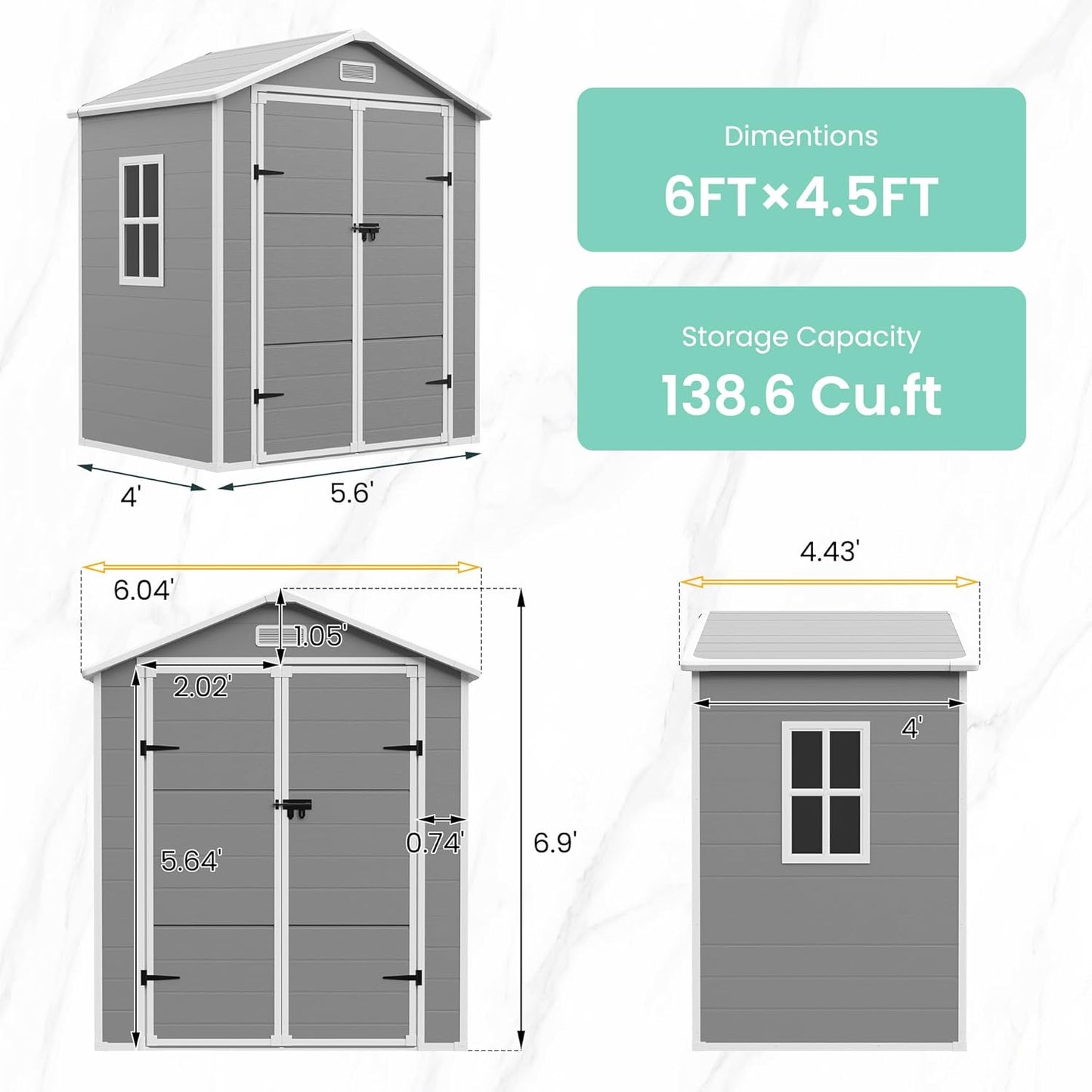 UDPATIO Outdoor Resin Storage Shed 6x4.5 FT, Plastic Garden Shed for Bike, Garbage Can, Tool