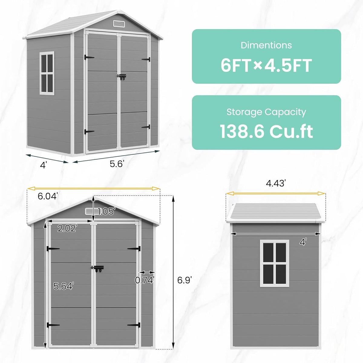 UDPATIO Outdoor Resin Storage Shed 6x4.5 FT, Plastic Garden Shed for Bike, Garbage Can, Tool