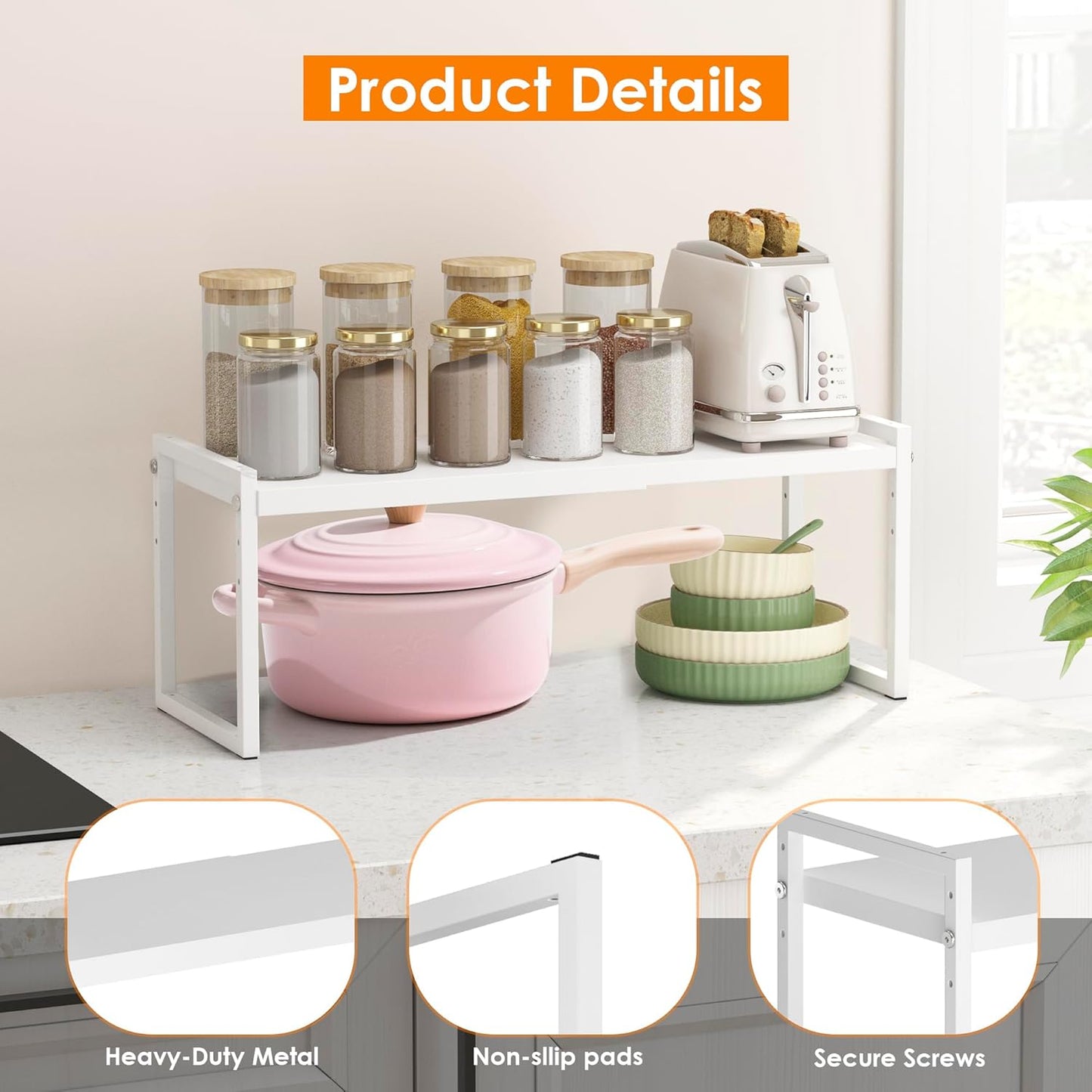 DOLALIKE Expandable Kitchen Countertop Organizer, Stackable Cabinet Shelf Organizers, Space Saving