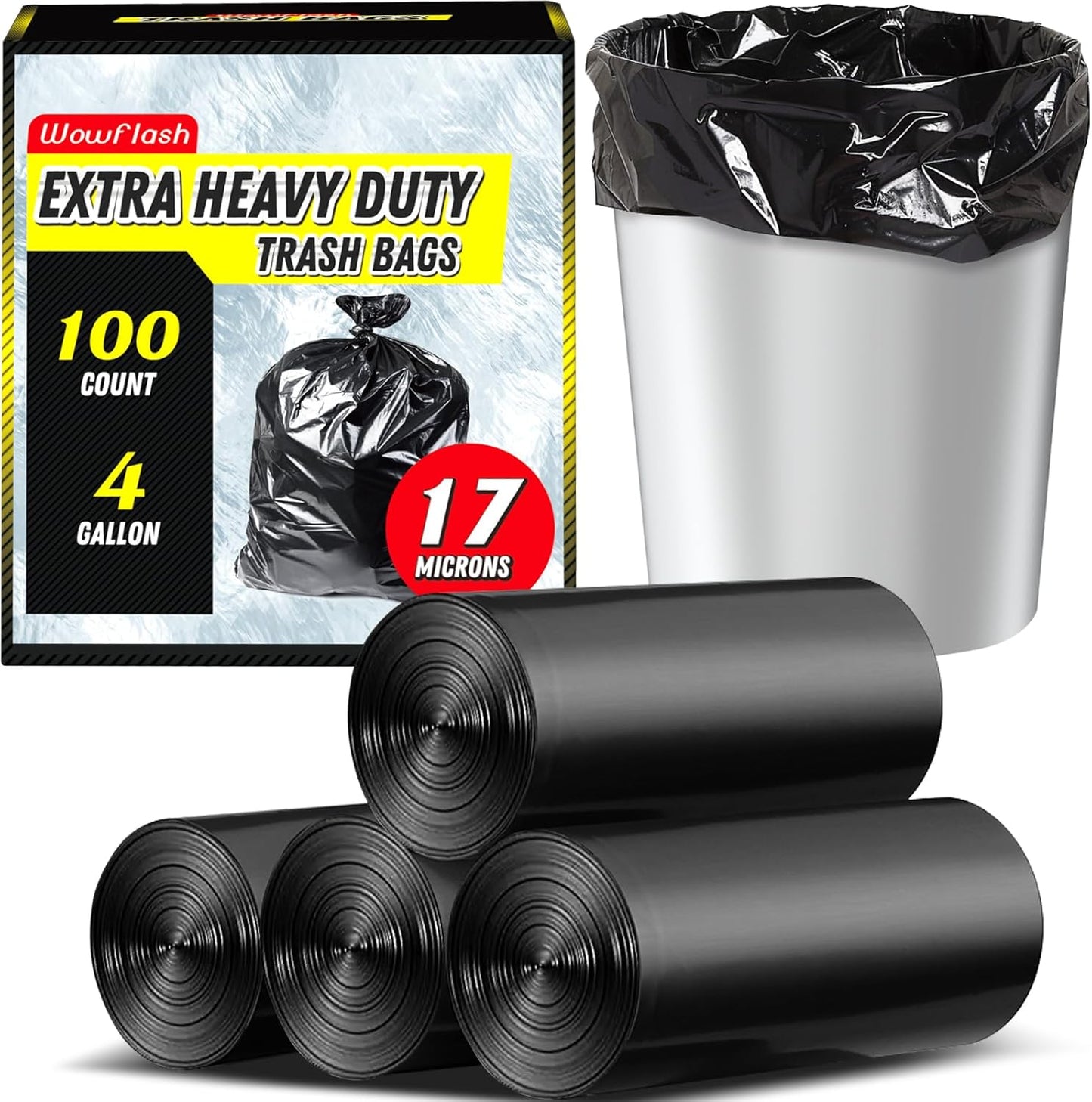 100 Count 17 Micron Extra Heavy Duty 4 Gallon Trash Bags, Sturdy & Tear-Resistant Small Trash Bags