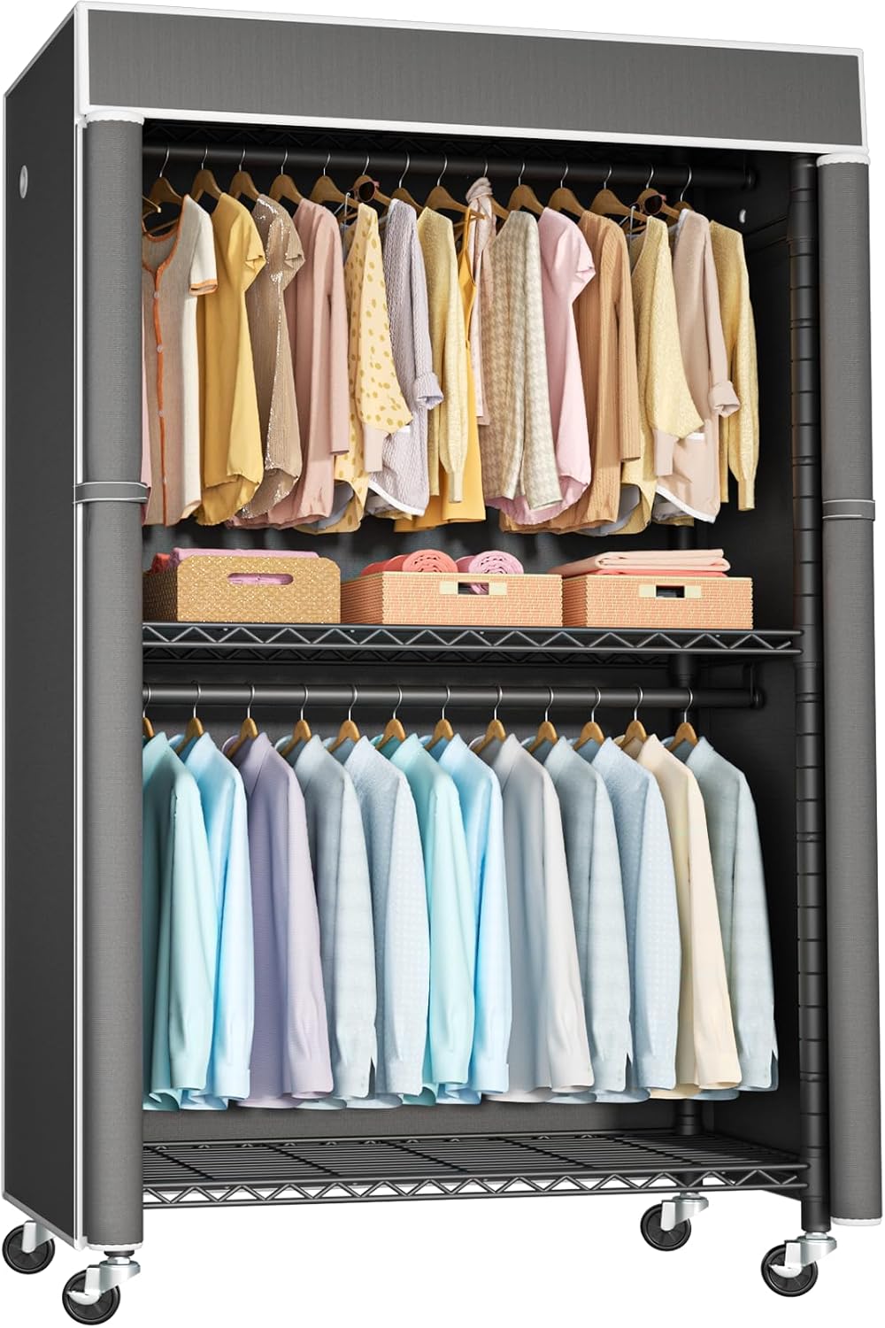 FUTASSI Black Clothing Rack with Dark Gray Cover, P1C Rolling Closets with Wheels, Metal Garment