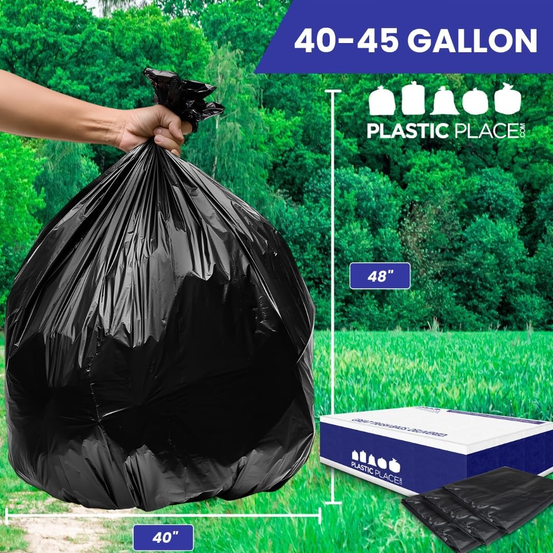 Plasticplace Contractor Trash Bags 40-45 Gallon │ 3.0 Mil │ Black Heavy Duty Garbage Bag │ 40” x