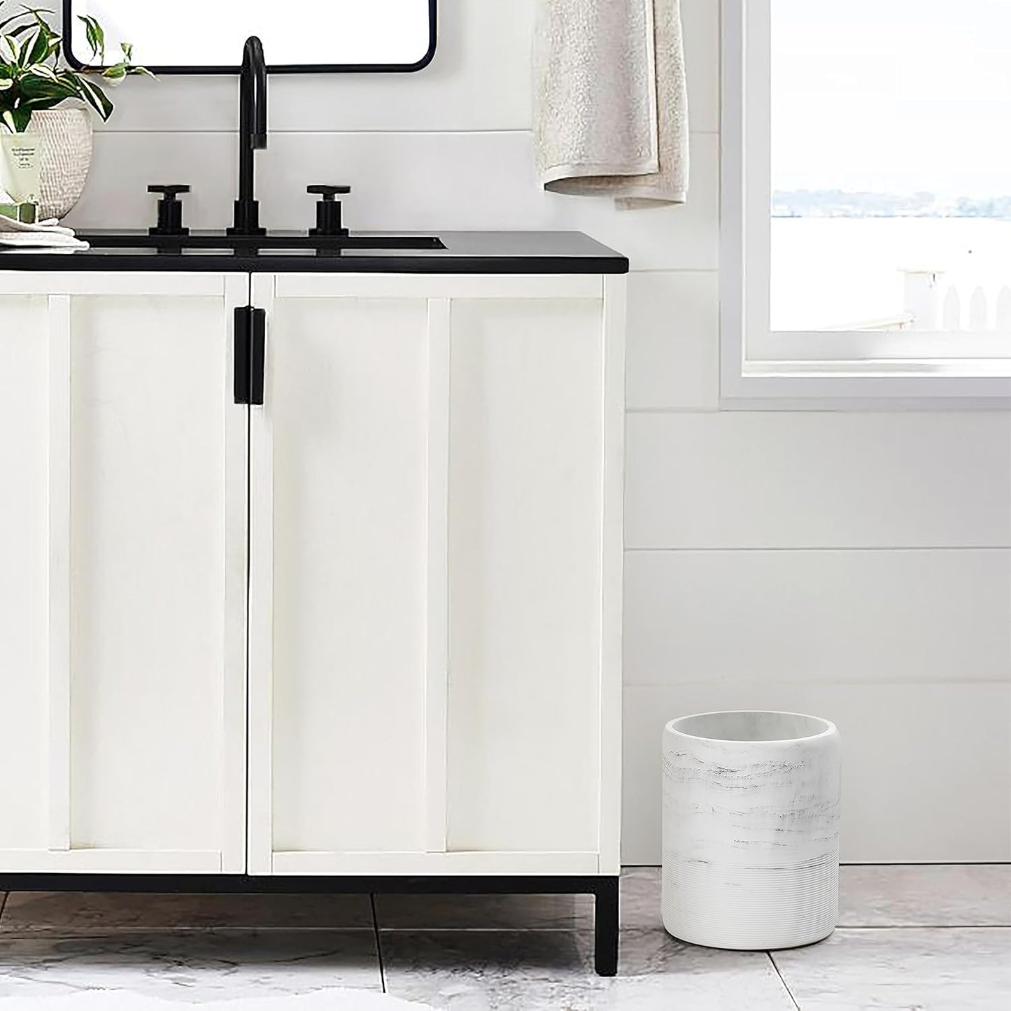 Bathroom Trash Can - Decorative Wastebasket Finished in Resin, Beautiful Marble Look, Modern Round