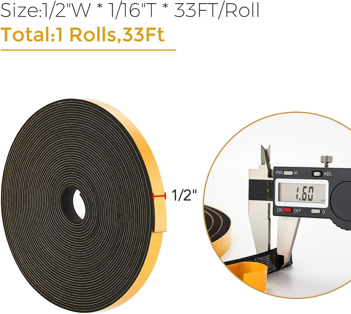 33 Feet Weather Stripping Door Seal, 1/2" Wide X 1/16" Thick Door Seal Strip High Density Foam Tape