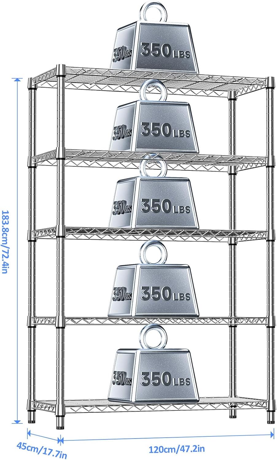 IZEUK 5-Tier Heavy Duty Metal Storage Shelving Unit (Chrome, 17.7" D x 47.2" W x 72.3" H, 1750 lbs