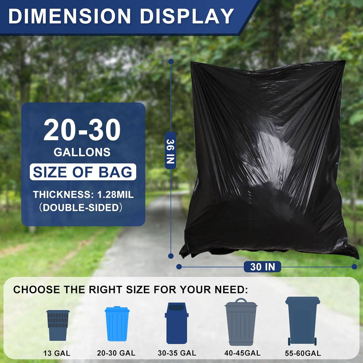 20-30 Gallon Trash Bags Black - 1.28 Mil Thick,30" x 35" Large Garbage Bags 100 Count，20+ Gallon