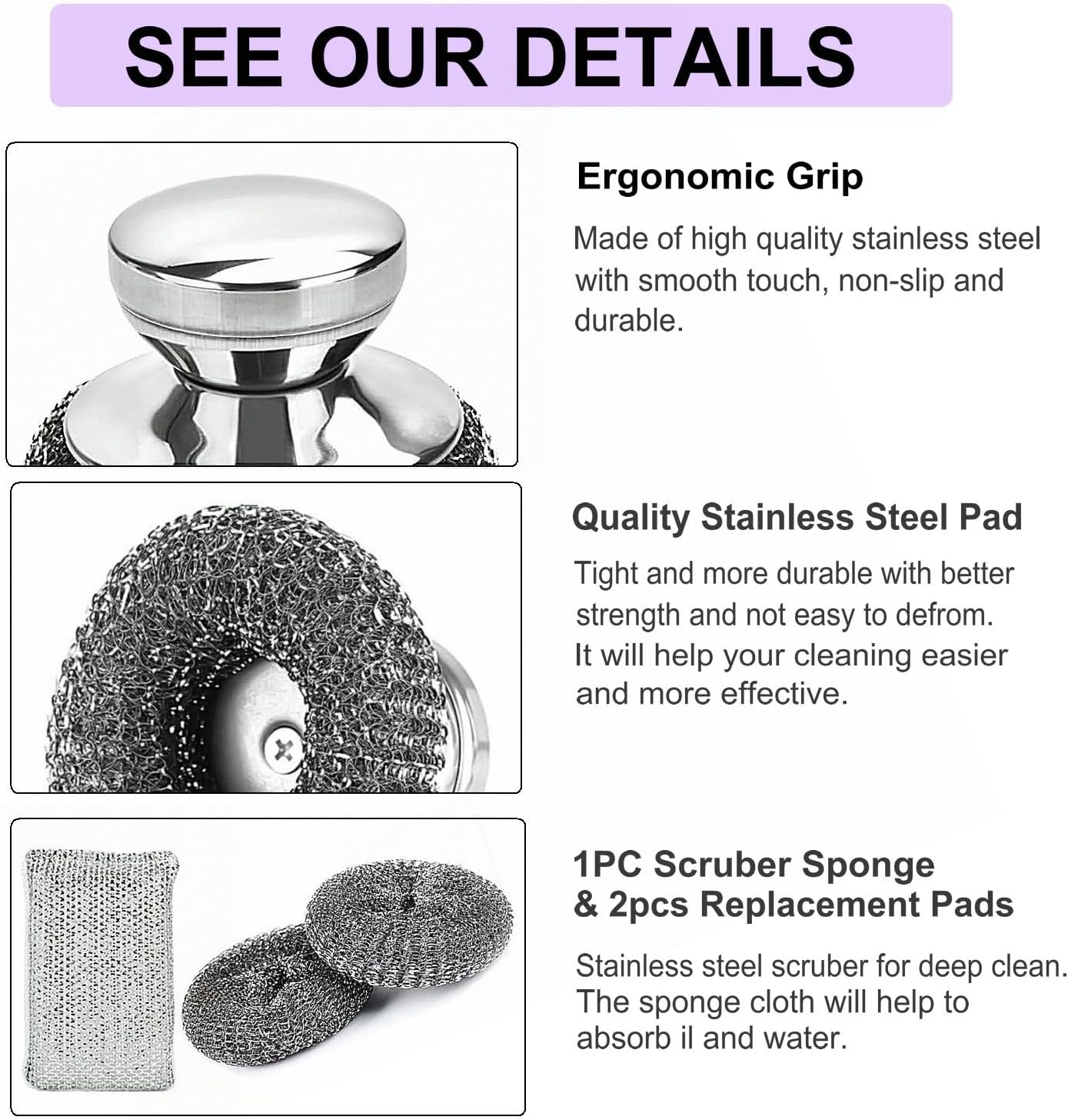 Stainless Steel Wool Scrubber with Short Handle Steel Scrubber Wool Pads for Cleaning Dishes Metal
