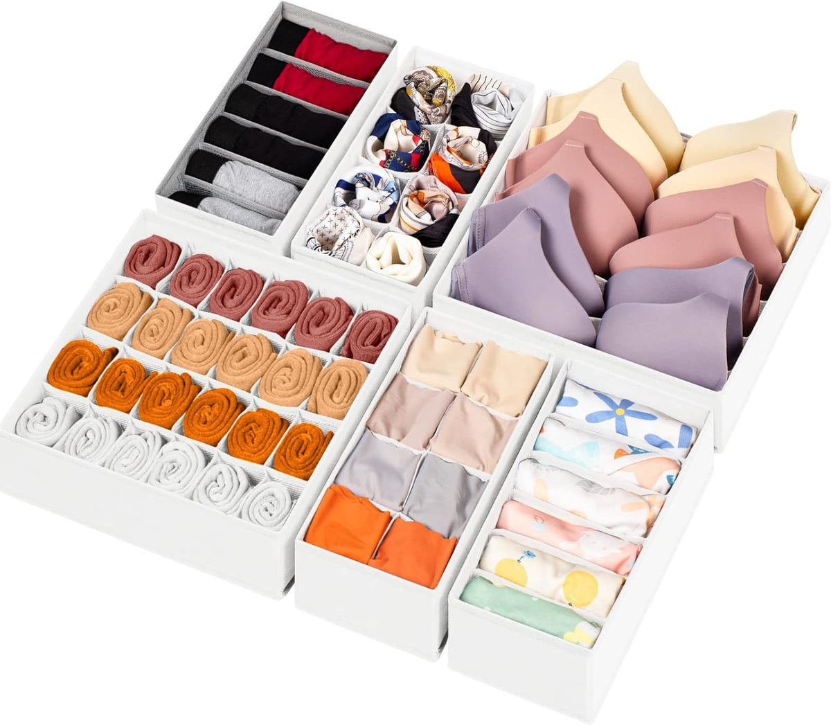 6 Pack Sock Underwear Drawer Organizer Dividers, 58 Cell Foldable Fabric Dresser Closet Organizers