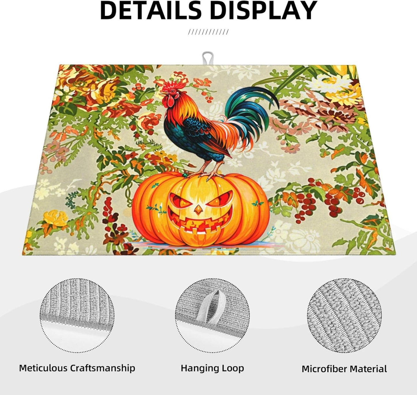 Rooster Pumpkin Dish Drying Mat Highly Absorbent Double-Sided Microfiber with Hanging Loop