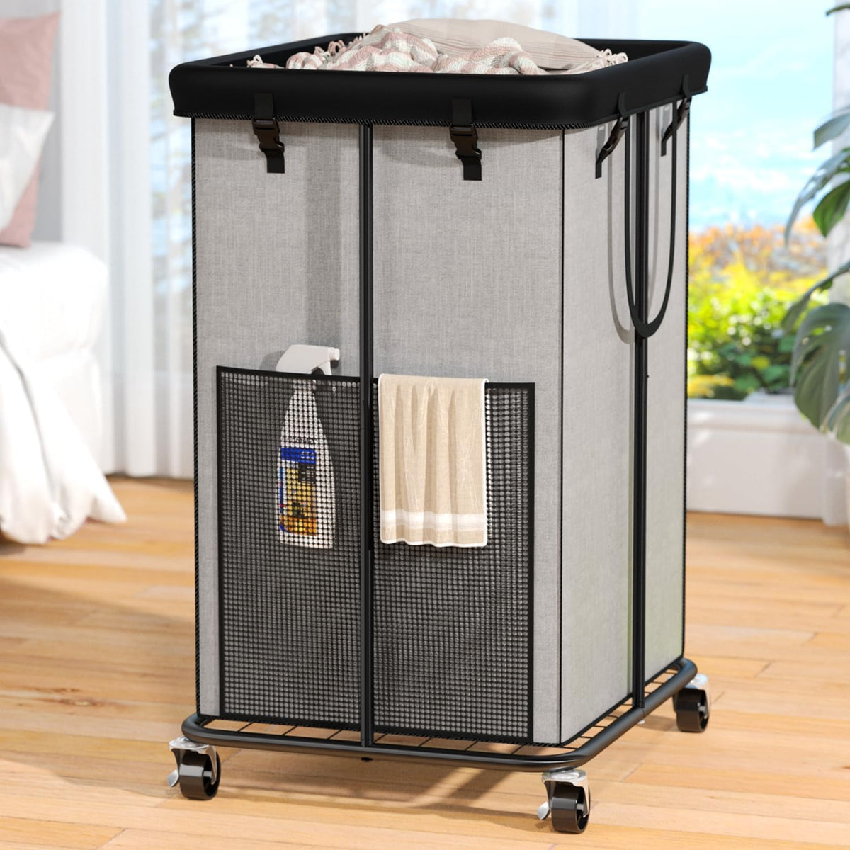 150L Laundry Hamper with Wheels, Rolling Laundry Basket with Metal Frame and Removable Bag, Large &