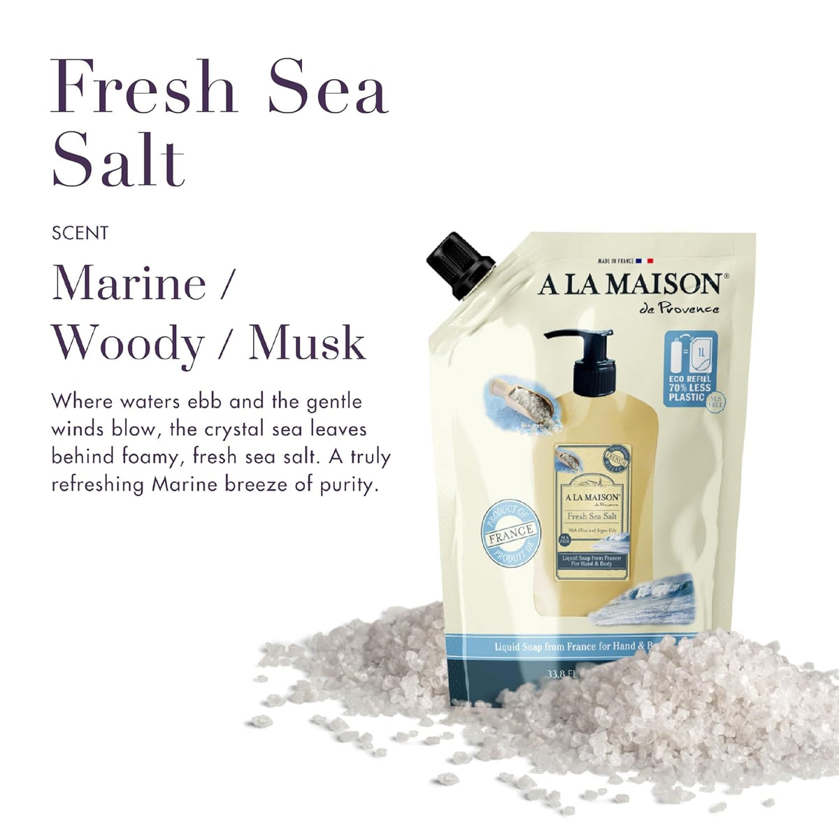 A LA MAISON French Liquid Hand Soap Eco-Friendly Refill Pouch, Fresh Sea Salt - Natural Hand Wash