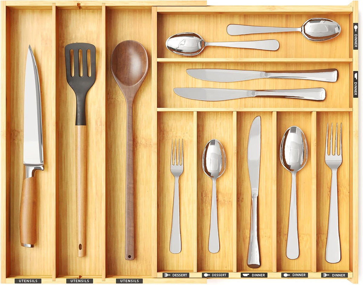 SpaceAid Bamboo Silverware Drawer Organizer with Labels, Kitchen Utensil Expandable Tray Holder