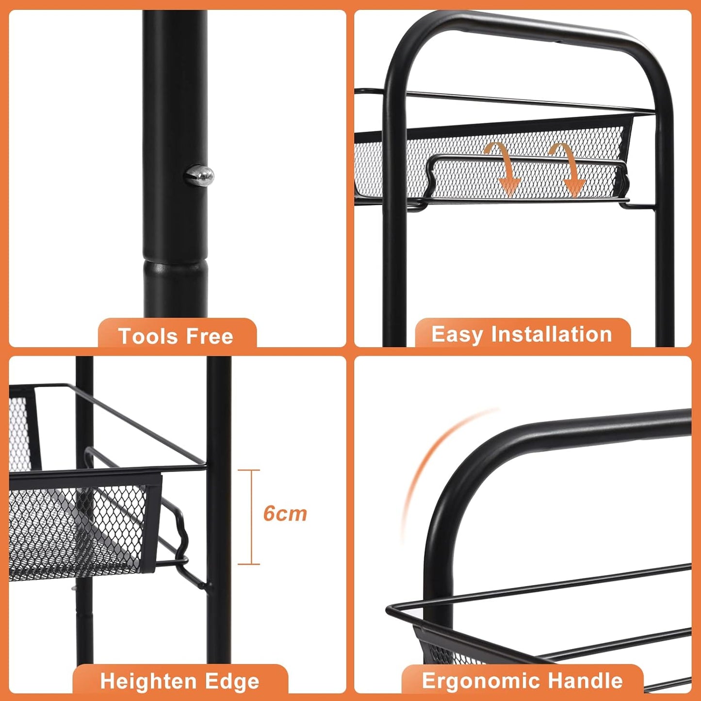 TOOLF 4-Tier Rolling Cart, Metal Utility Cart with 3 Hooks, Easy Assemble Mobile Storage Trolley On