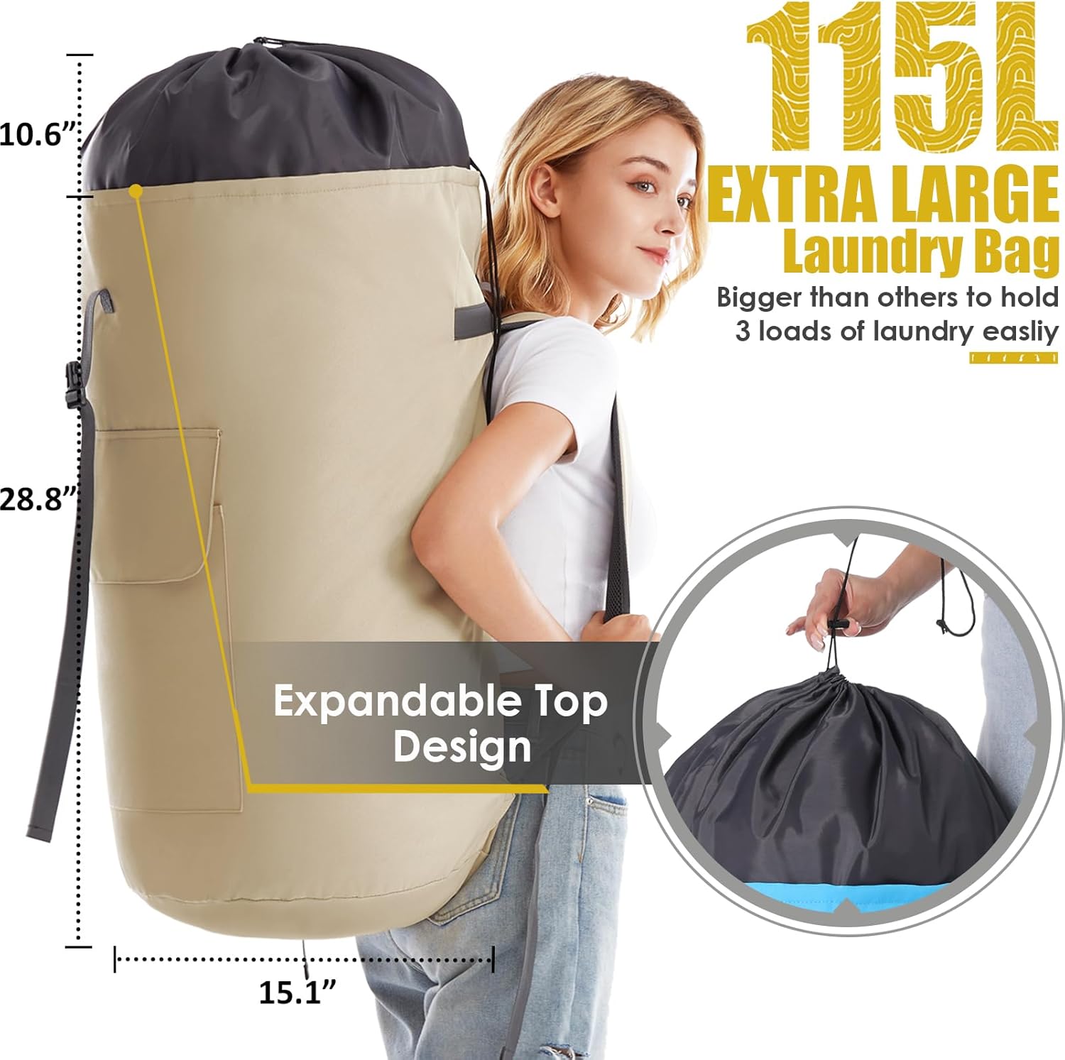 Heavy Duty Laundry Bag 115L, Sturdy Laundry Backpack Bag Extra Large, Dorm Room Essential for Guys