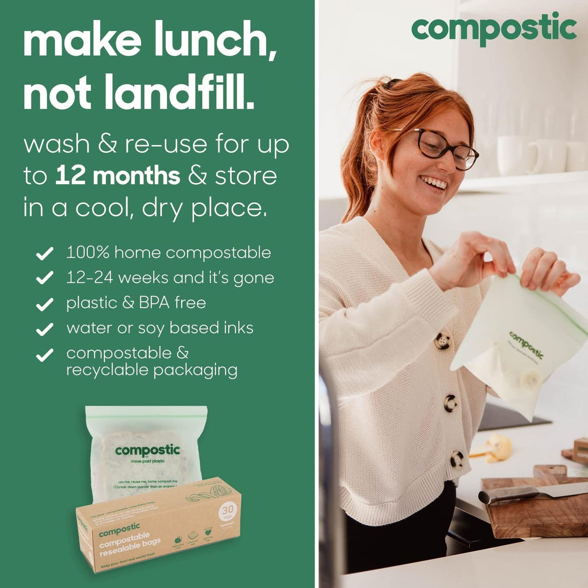 Compostic Home Compostable Resealable Snack Bags (6"x 3.5"), Microwave & Freezer Safe, Organic Food