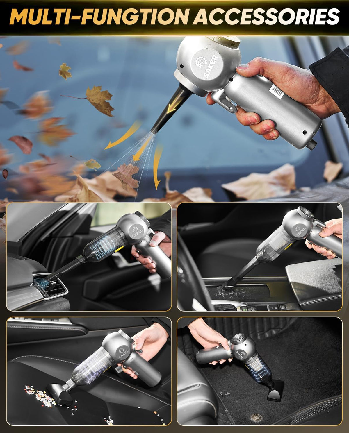 Saker Car Vacuum Portable 6-in-1 Handheld Cordless Vacuums, 20000PA Suction, 7800mAh Blower, Window