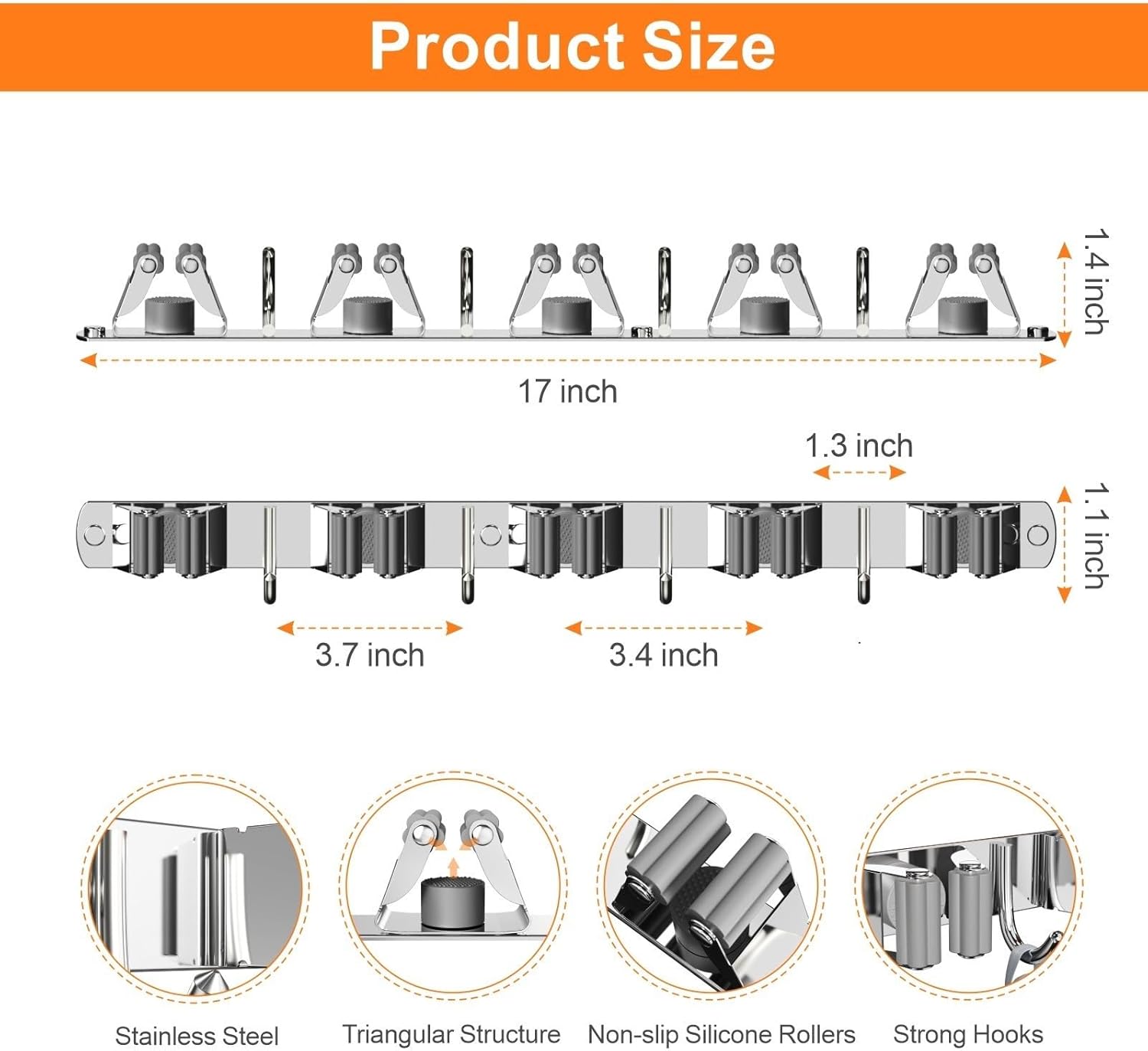 Broom and Mop Organizer Wall Hanging, Upgraded Mop and Broom Holder Wall Mount, Stainless Steel