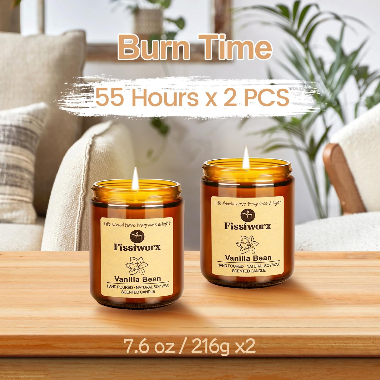 Fissiworx Vanilla Scented Candle Set 2 Pack, Candle for Home Scented, Odor Eliminating, Stress