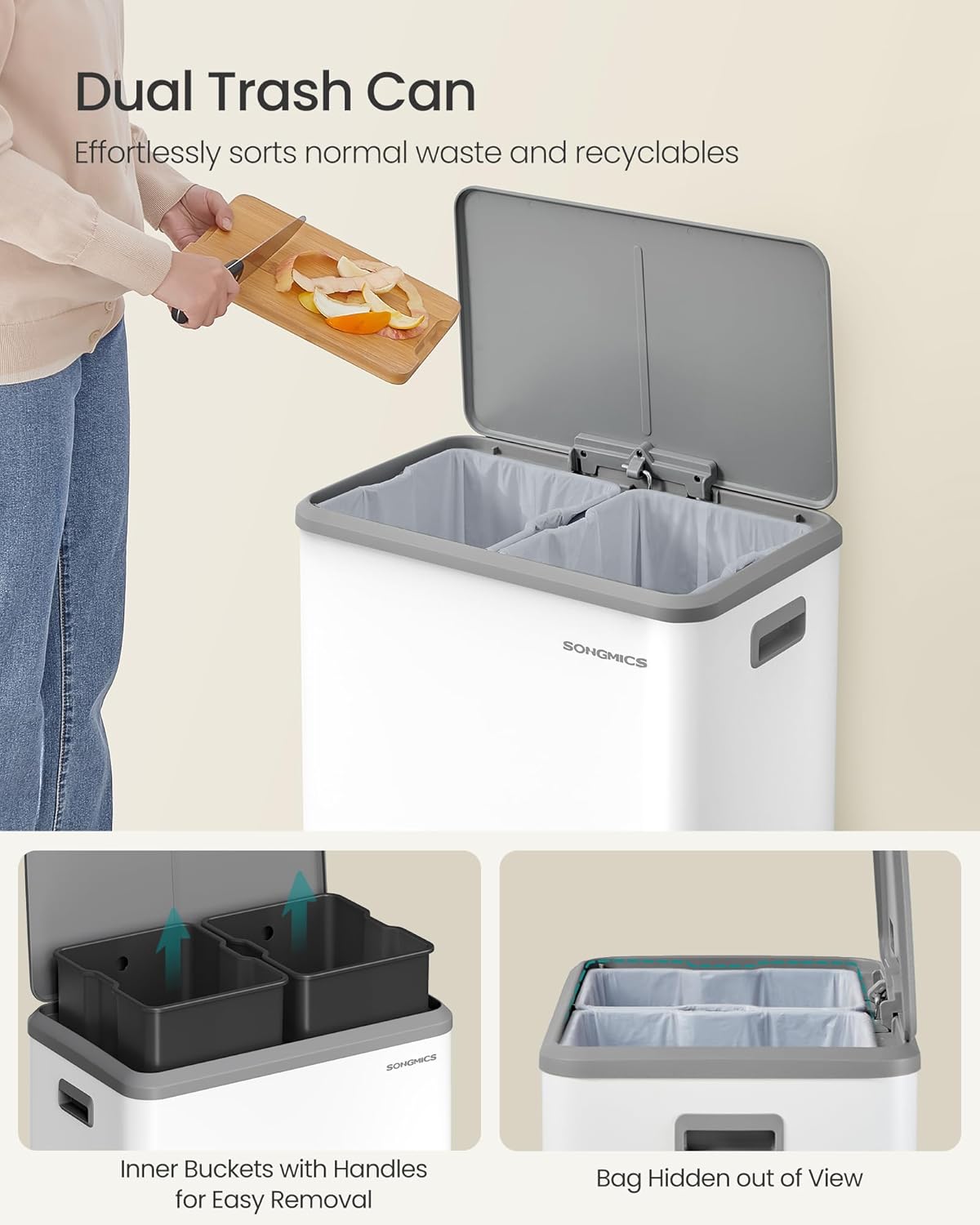 SONGMICS Trash Can, 2 x 8 Gallon (2 x 30 L) Double Garabge Can for Recycling and Waste, Stainless