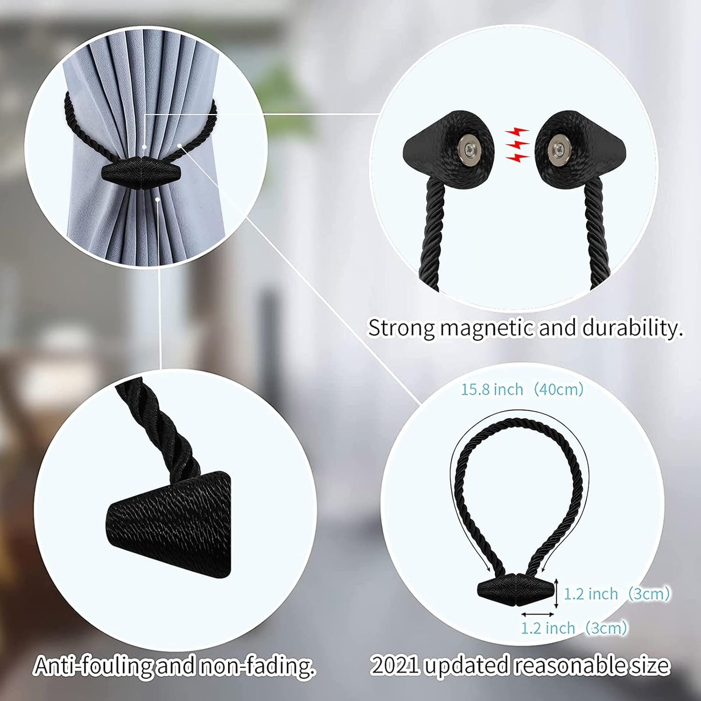 Hion Magnetic Curtain Tiebacks Black 2pcs, Curtain Tiebacks Buckles Holdbacks Holders Hooks Clip