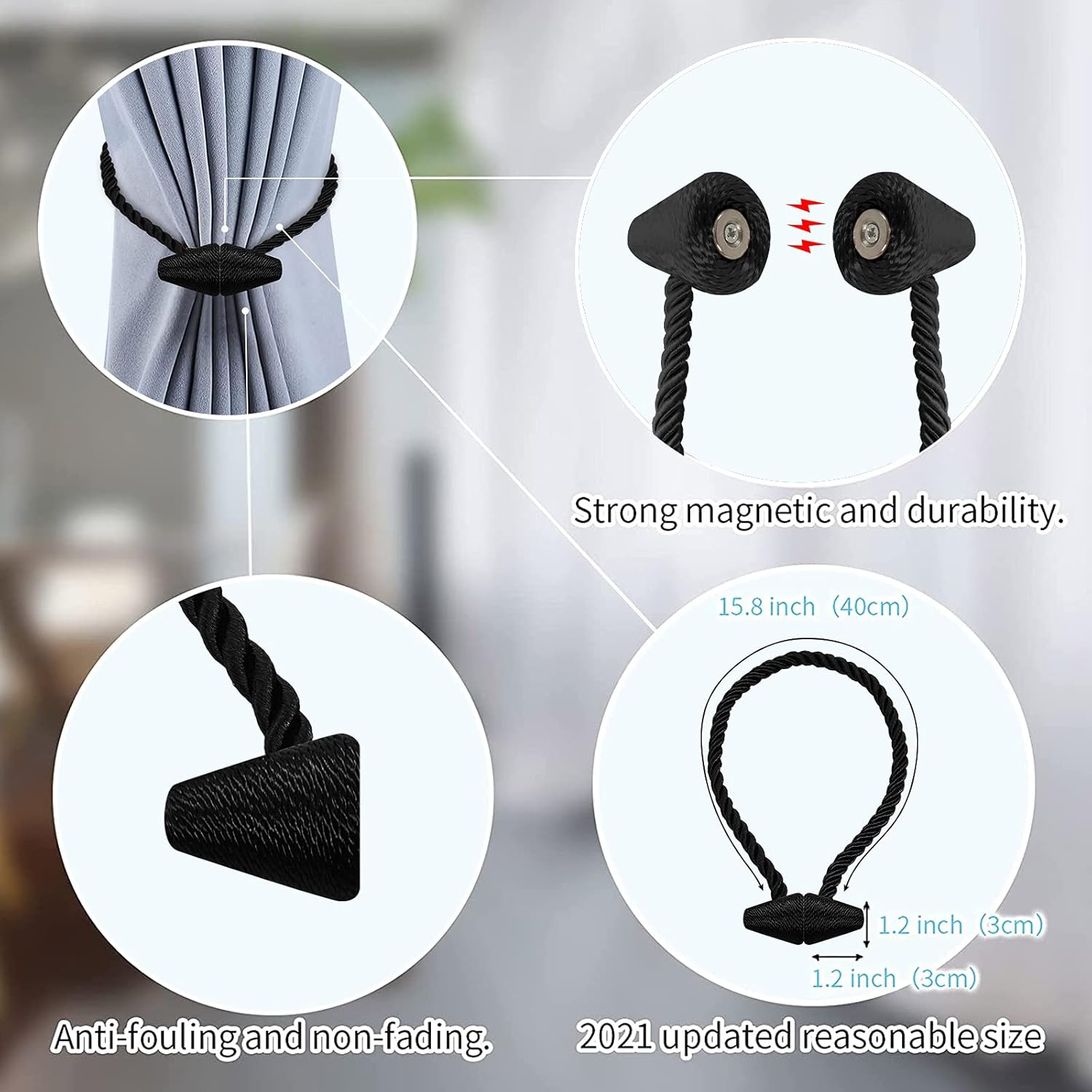 Hion Magnetic Curtain Tiebacks Black 2pcs, Curtain Tiebacks Buckles Holdbacks Holders Hooks Clip