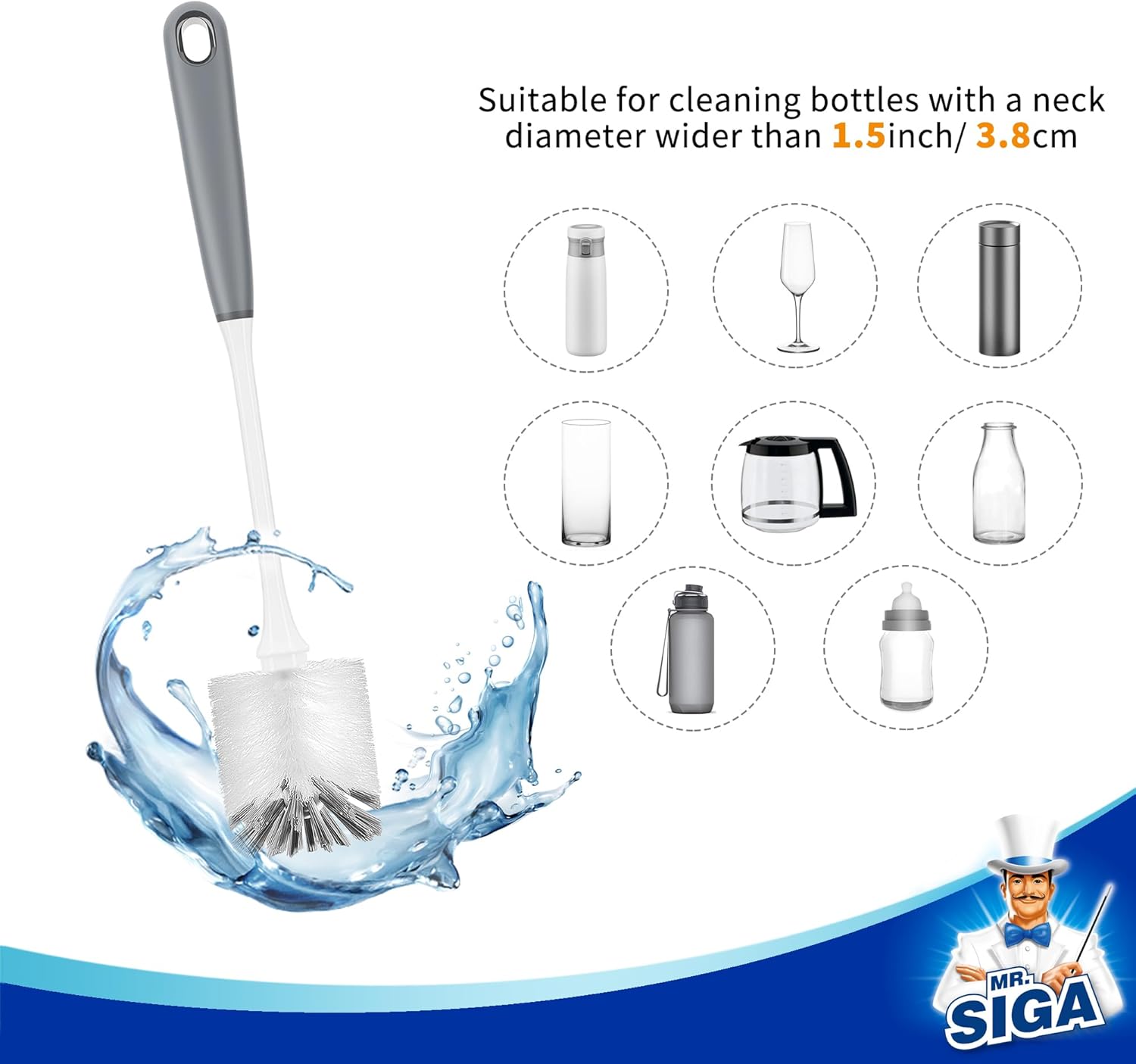 MR.SIGA Long Handle Bottle Brush, Flexible Scrub Brush for Water Bottles, Glasswares, Mugs, Gray, 2