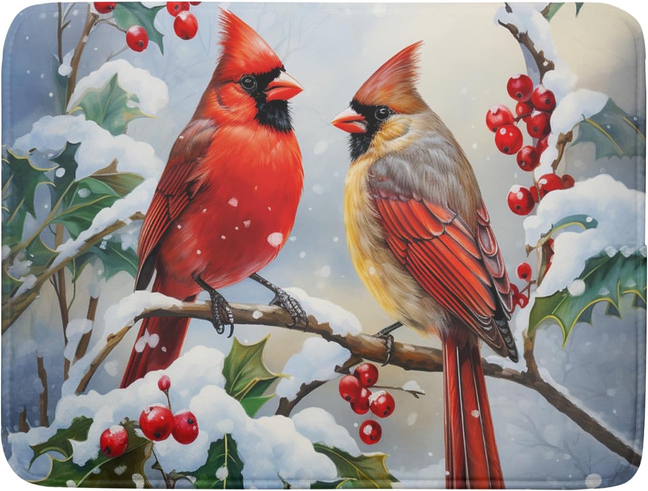 Winter Cardinals Dish Drying Mat for Kitchen Counter - Absorbent Reversible Microfiber Pad, Drainer
