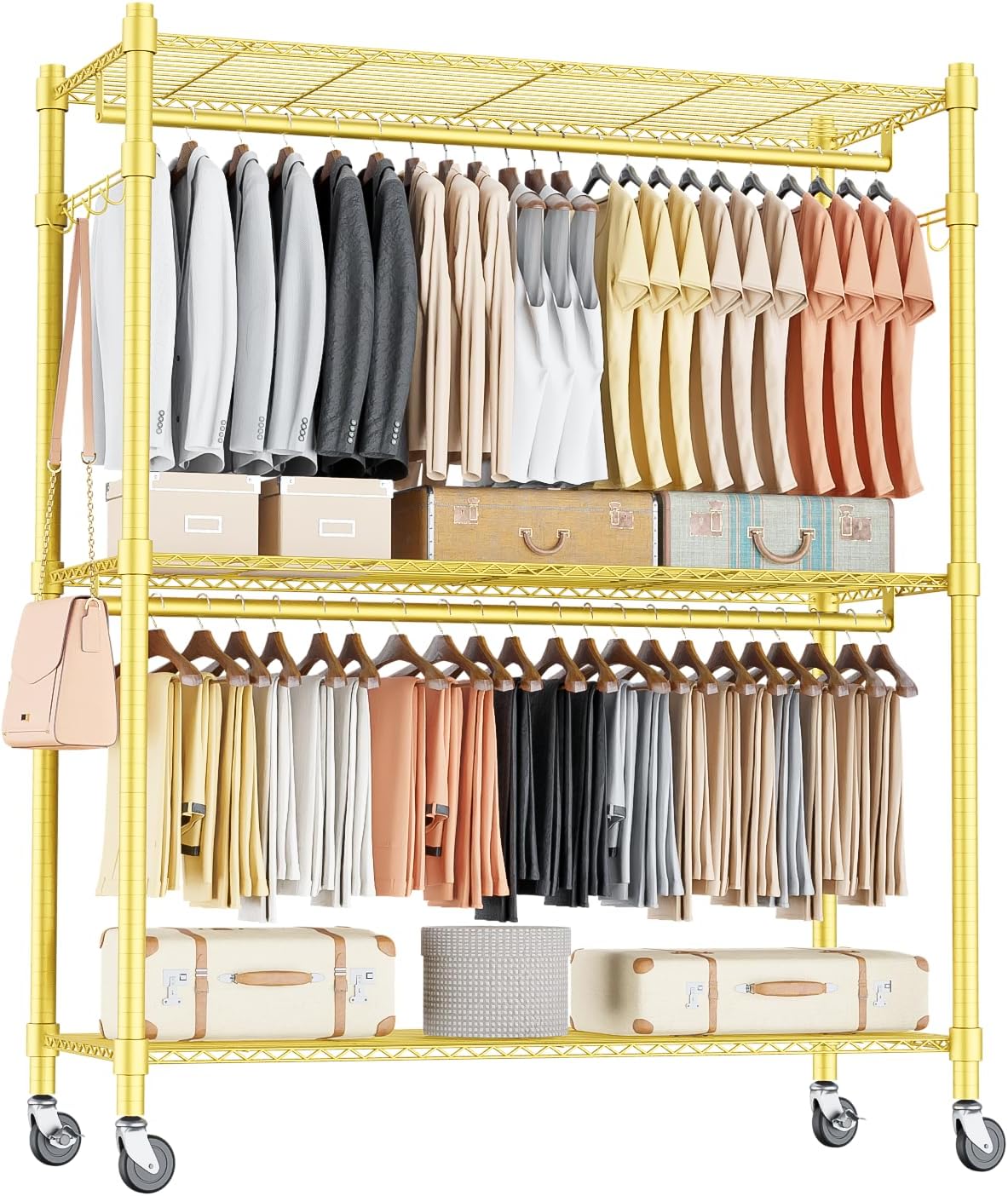 Homdox Gold Heavy Duty Clothes Rack with Wheels, 3-Tier Rolling Metal Garment Organizer with Double