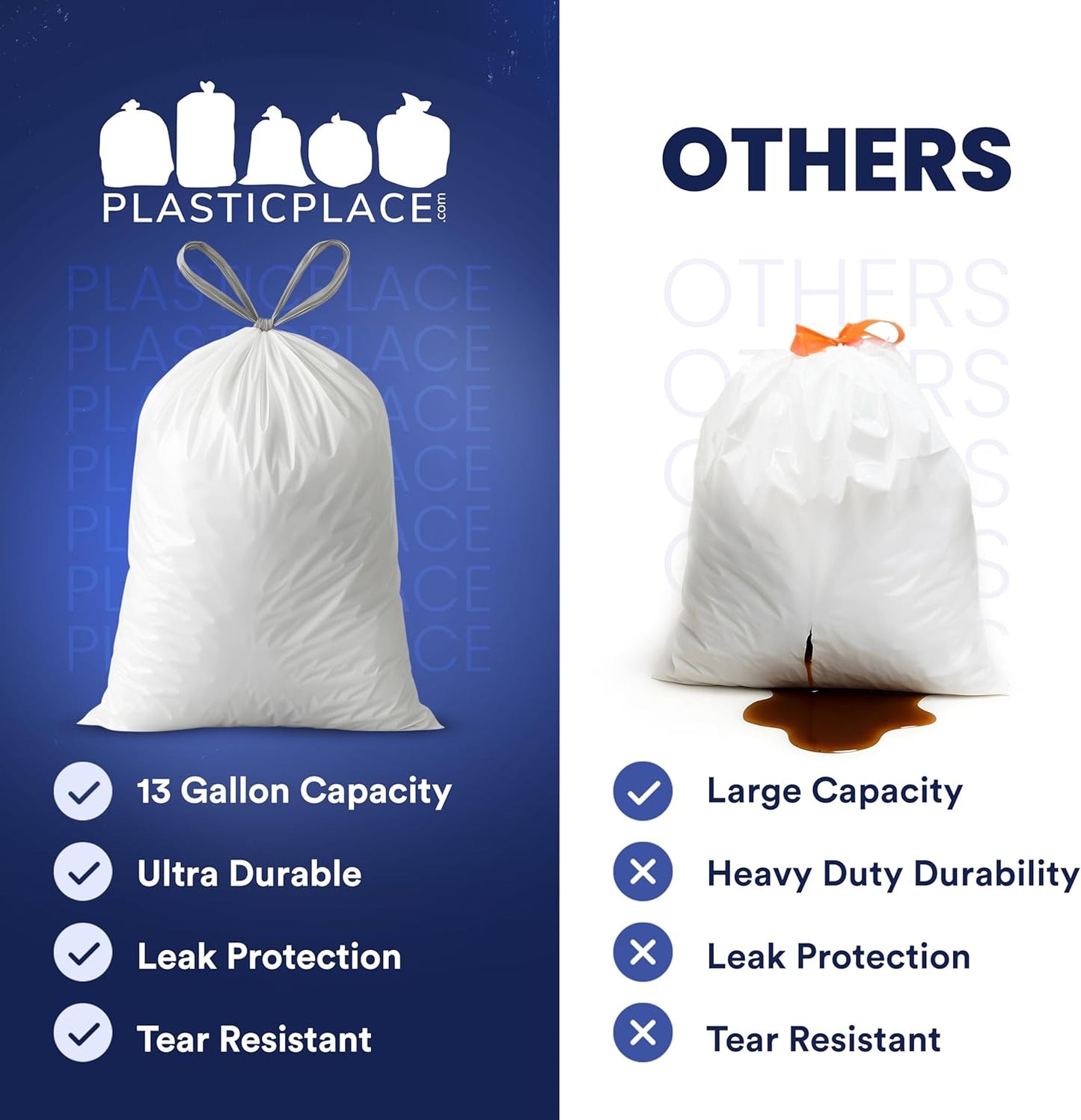 Plasticplace 13 Gallon Trash Bags â”‚ 1.2 Mil â”‚ White Drawstring Garbage Can Liners â”‚ 24" x