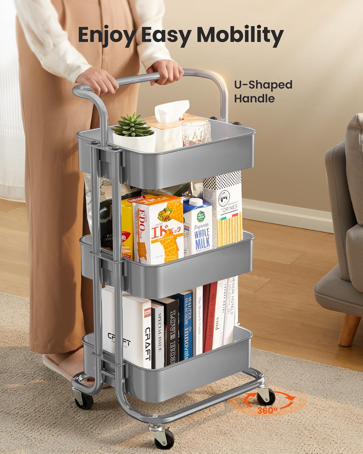 Pipishell 3 Tier Mesh Utility Cart, Rolling Metal Organization Cart with Handle and Lockable