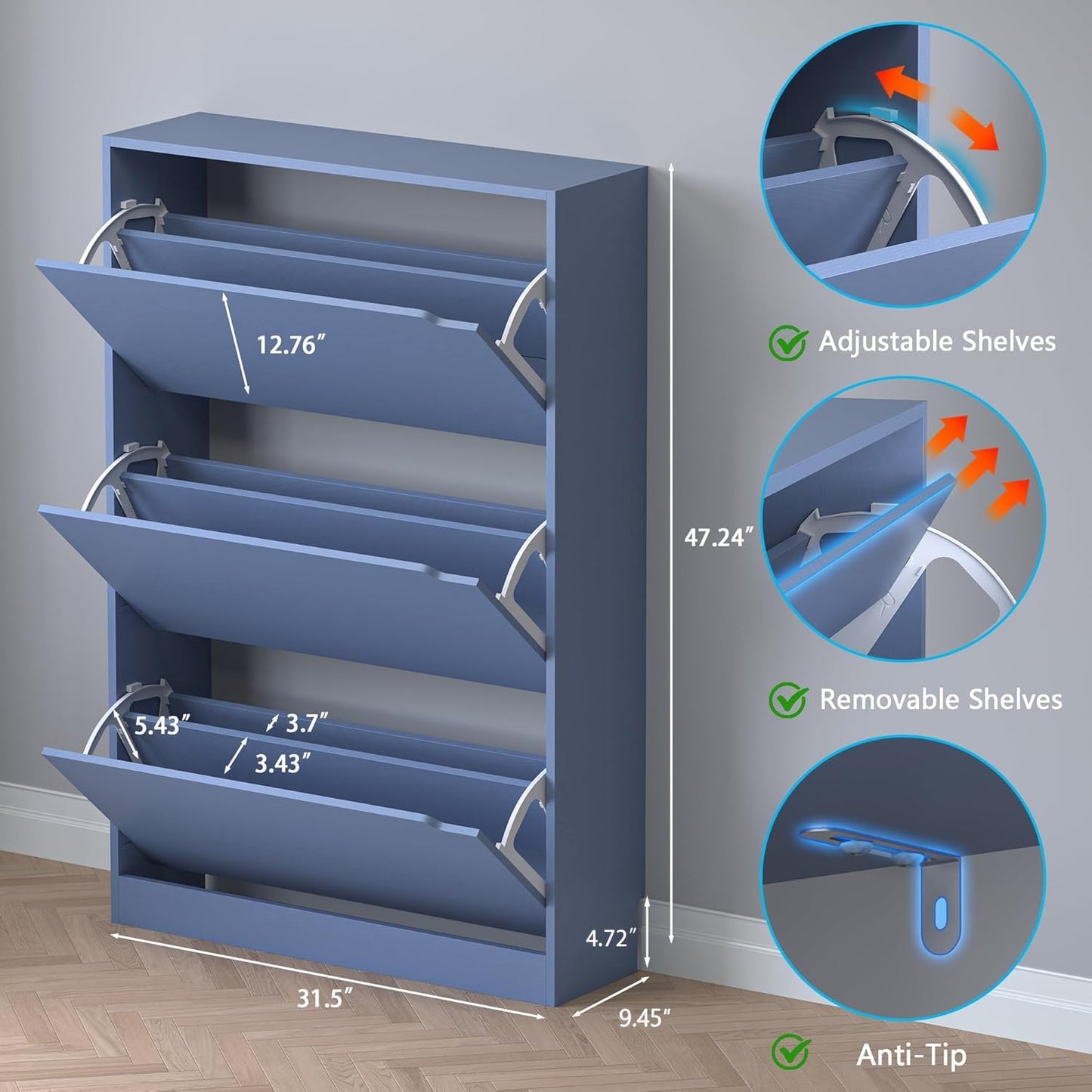 Shoe Cabinet with 3 Flip Drawers, Hidden Wood Shoe Cabinet,Freestanding Shoe Storage Cabinet for