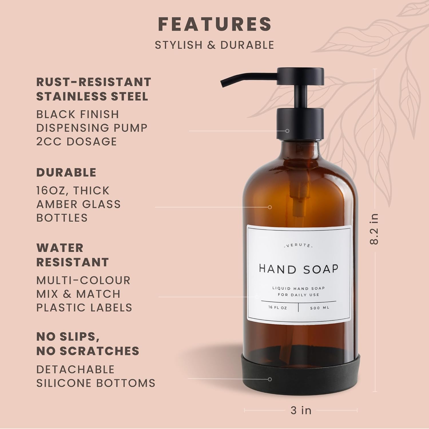 16oz Glass Soap Dispenser with Stainless Steel Pump, 21 Waterproof Labels, Non-Slip Protective
