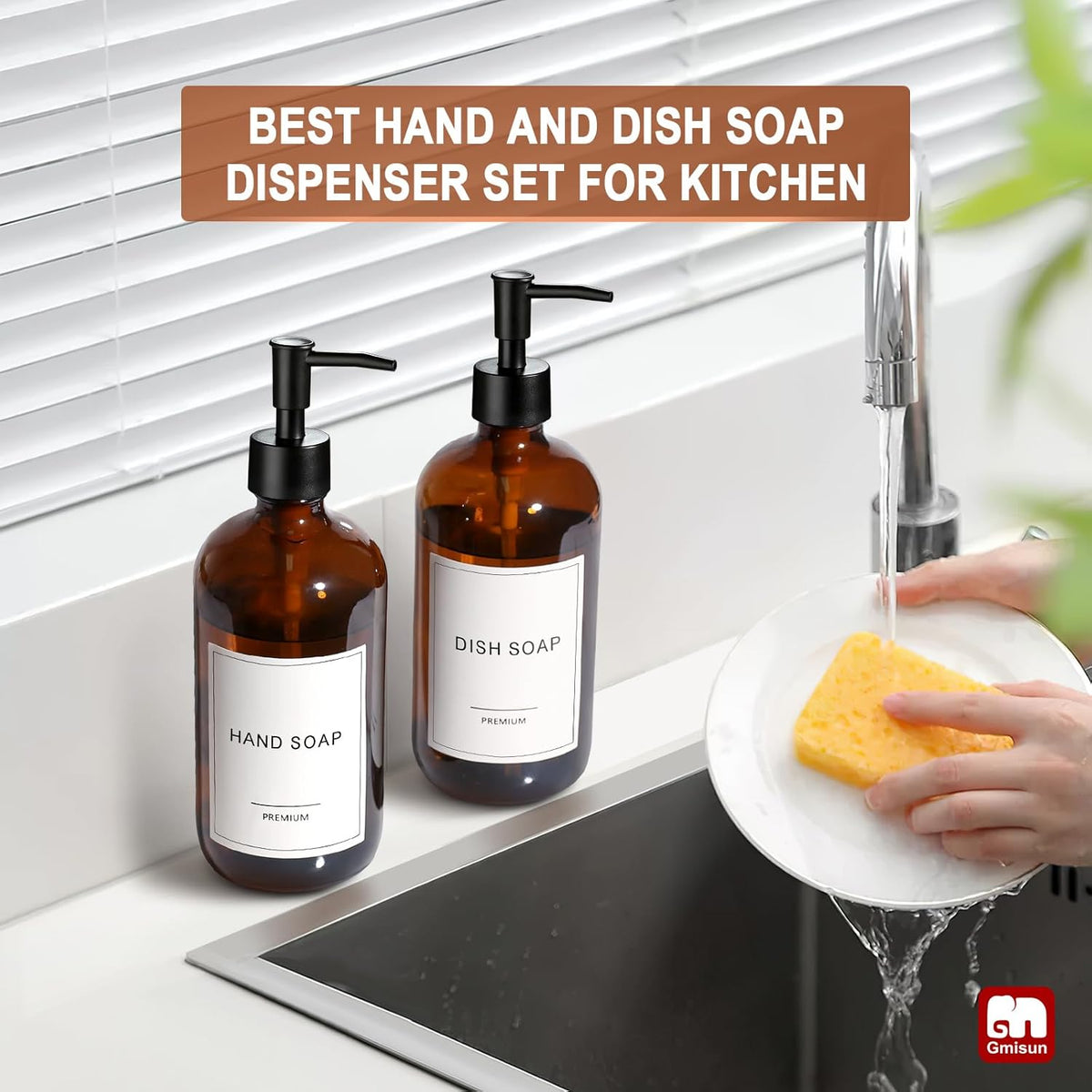 GMISUN Amber Glass Soap Dispenser, 2 Pack Bathroom Hand Soap Dispensers with Stainless Steel Pump